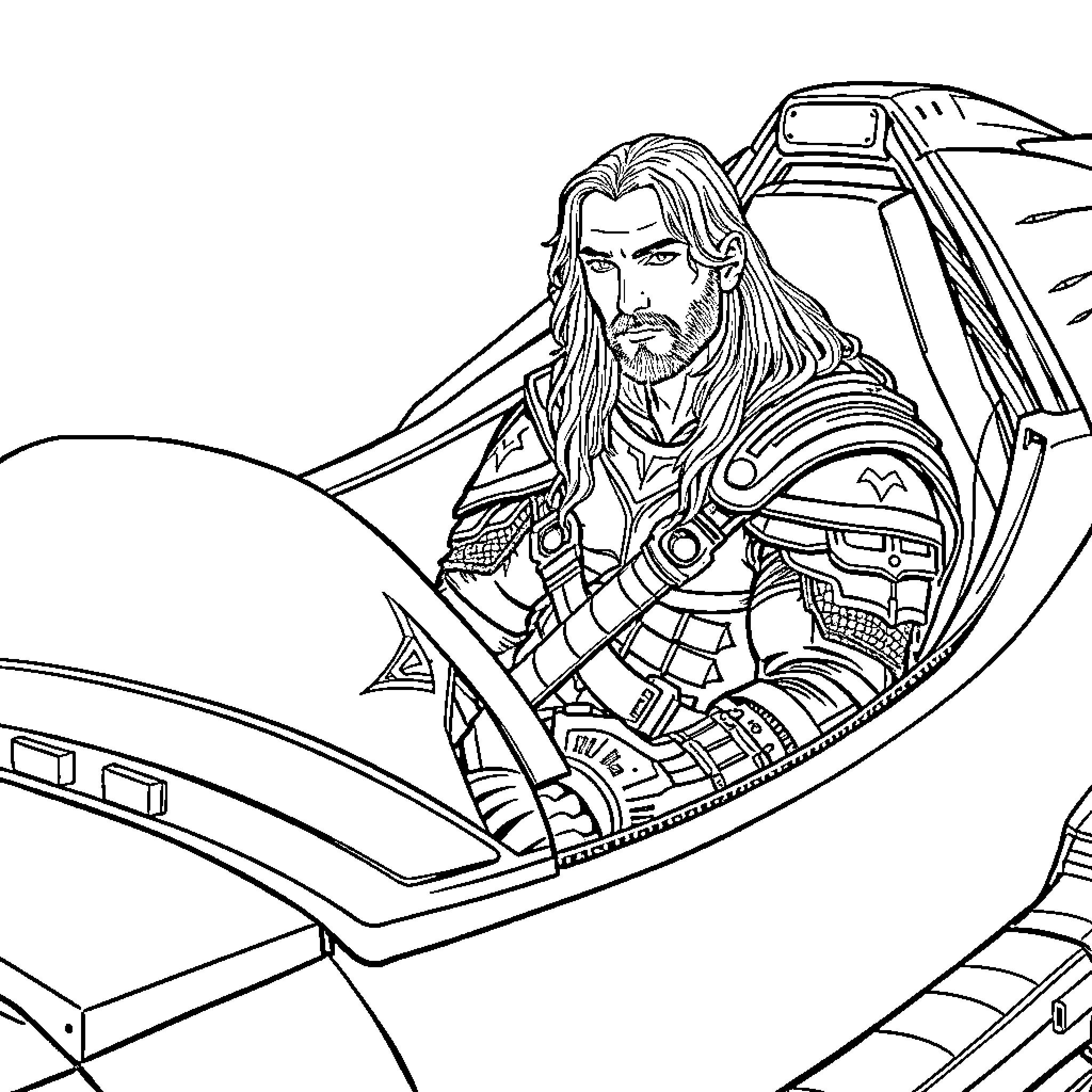 Aragorn driving a futuristic spacecraft Coloring Page (free black-and-white line drawing printable PDF for all, from beginners to advanced learners, including children, teens, adults, and seniors)