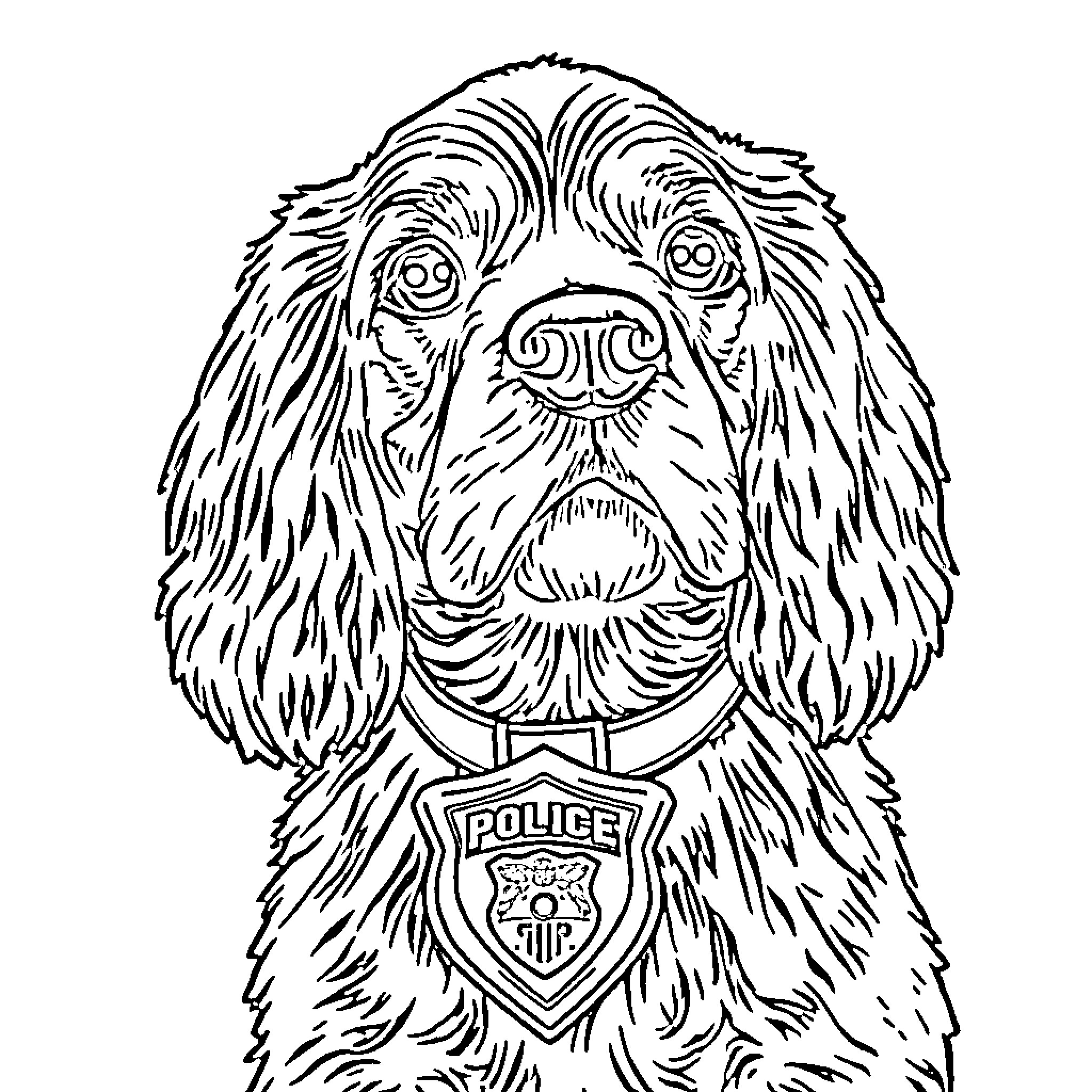 Cocker Spaniel police dog with alert expression Coloring Page (free black-and-white line drawing printable PDF for all, from beginners to advanced learners, including children, teens, adults, and seniors)