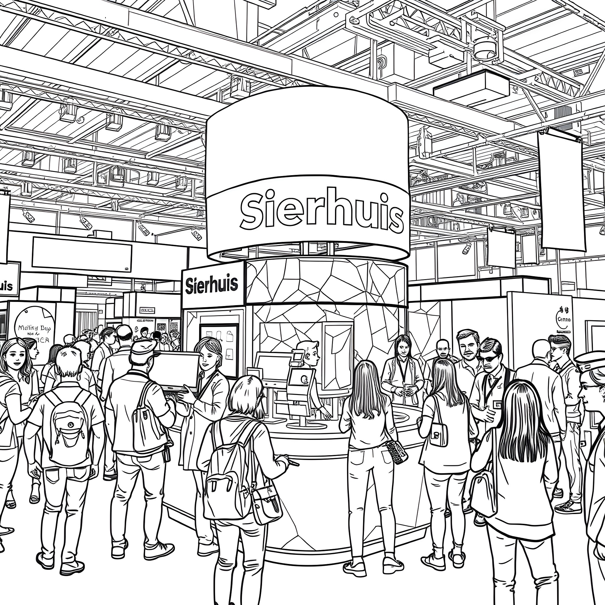 Sierhuis: Bustling Retail Scene with Crowd Coloring Page (free black-and-white line drawing printable PDF for all, from beginners to advanced learners, including children, teens, adults, and seniors)