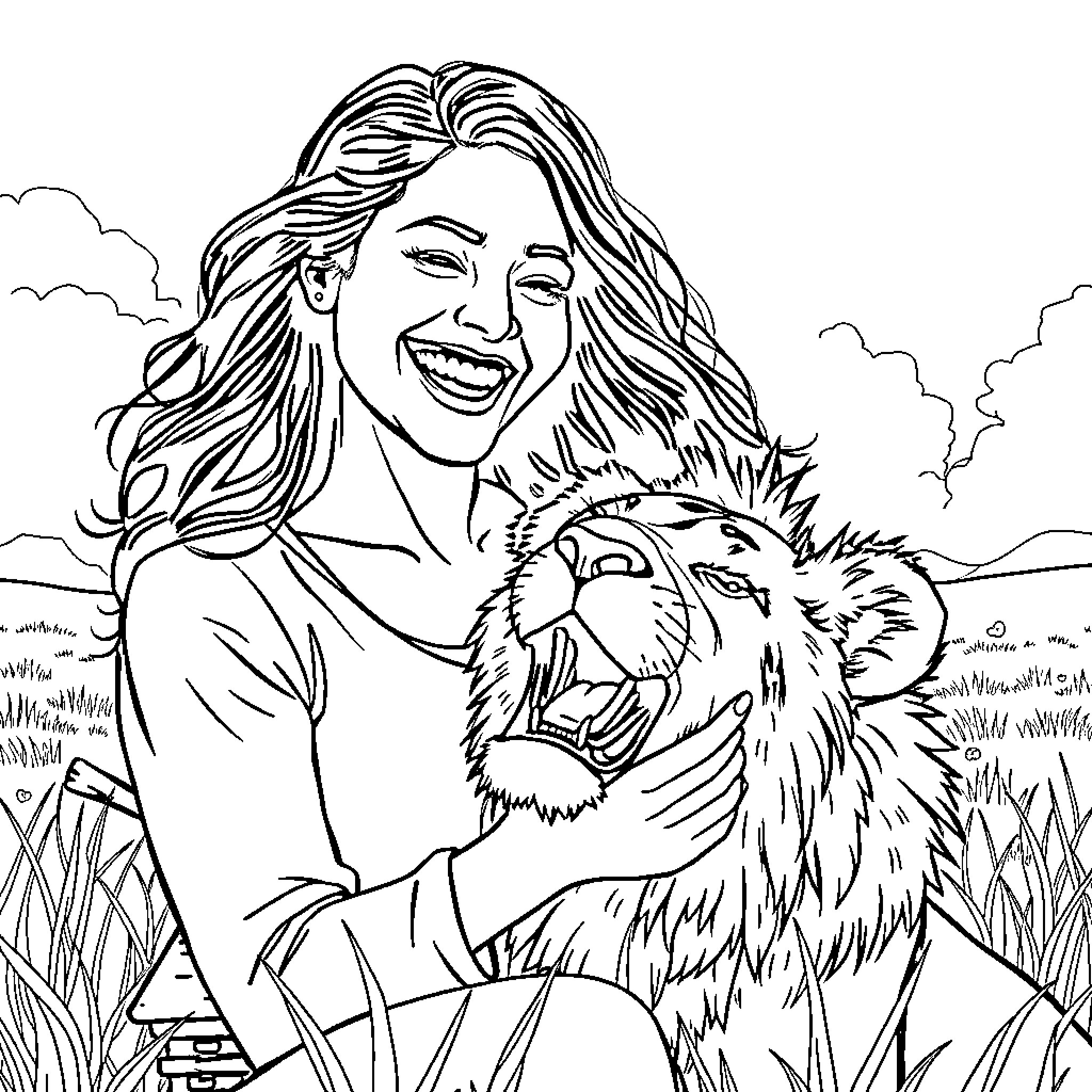 Woman joyfully interacting with a lion in a natural setting Coloring Page (free black-and-white line drawing printable PDF for all, from beginners to advanced learners, including children, teens, adults, and seniors)