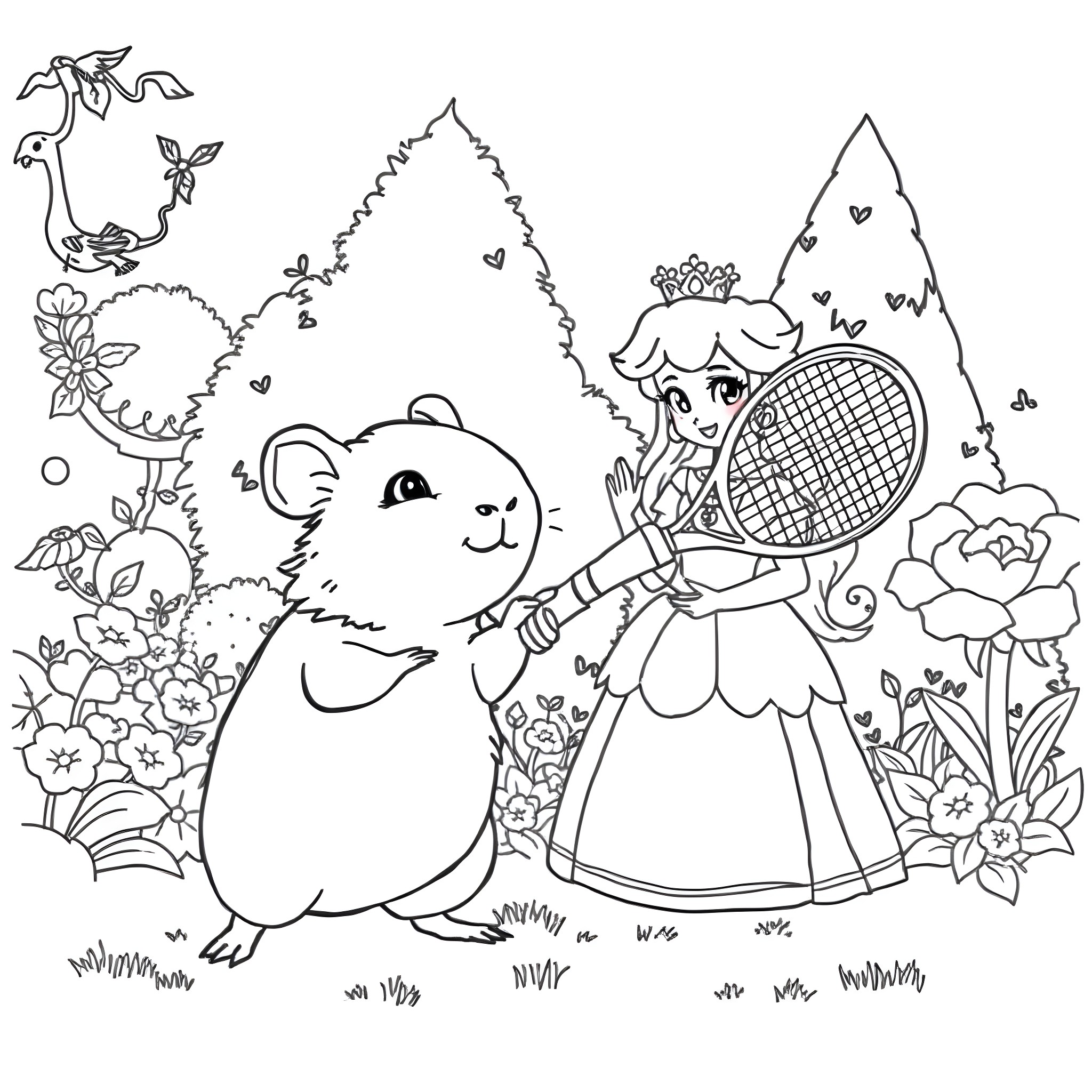 Guinea Pig Playing Tennis with Fairy in Flower Garden Coloring Page (free black-and-white line drawing printable PDF for all, from beginners to advanced learners, including children, teens, adults, and seniors)