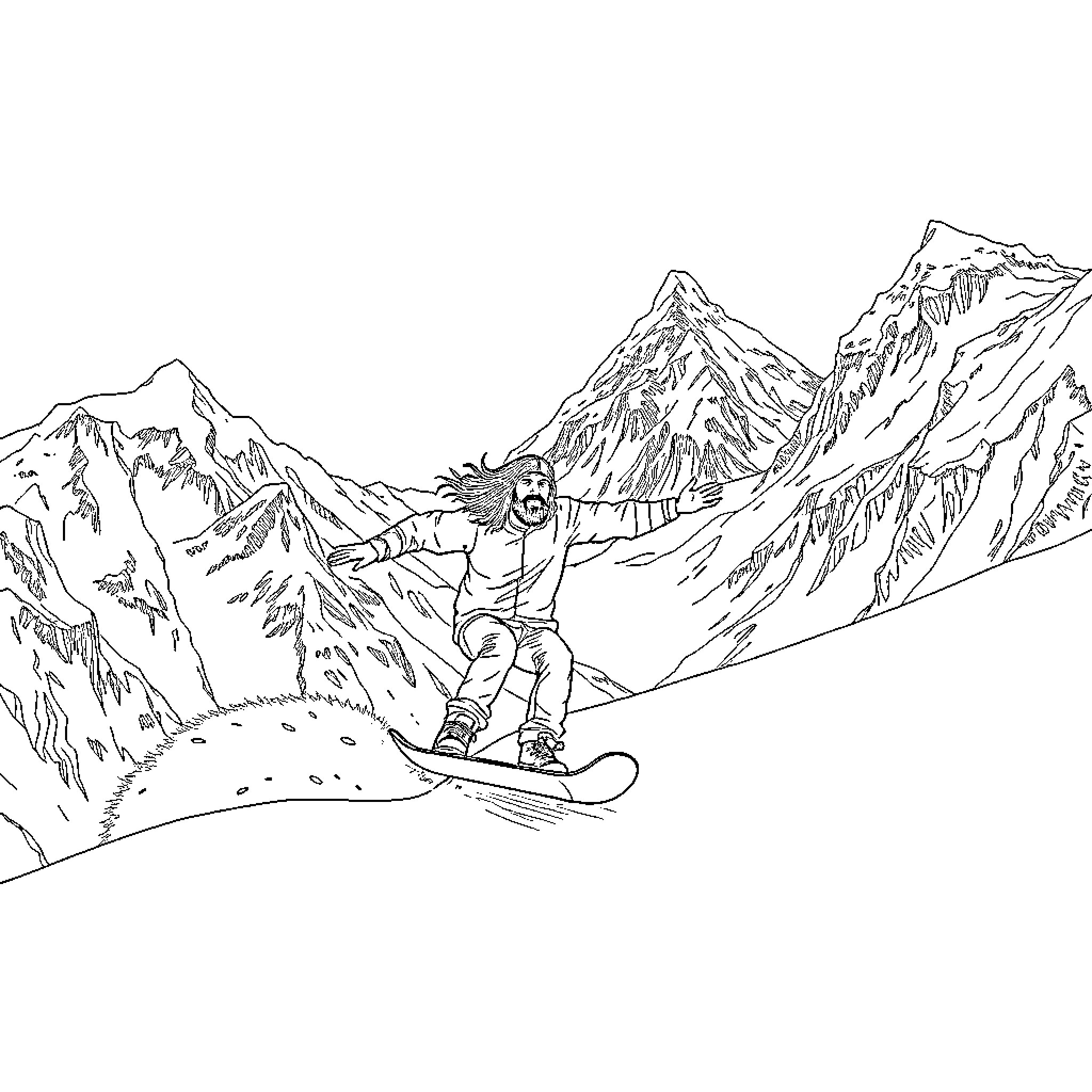 Dave Grohl Snowboarding Through Snowy Mountains Coloring Page (free black-and-white line drawing printable PDF for all, from beginners to advanced learners, including children, teens, adults, and seniors)