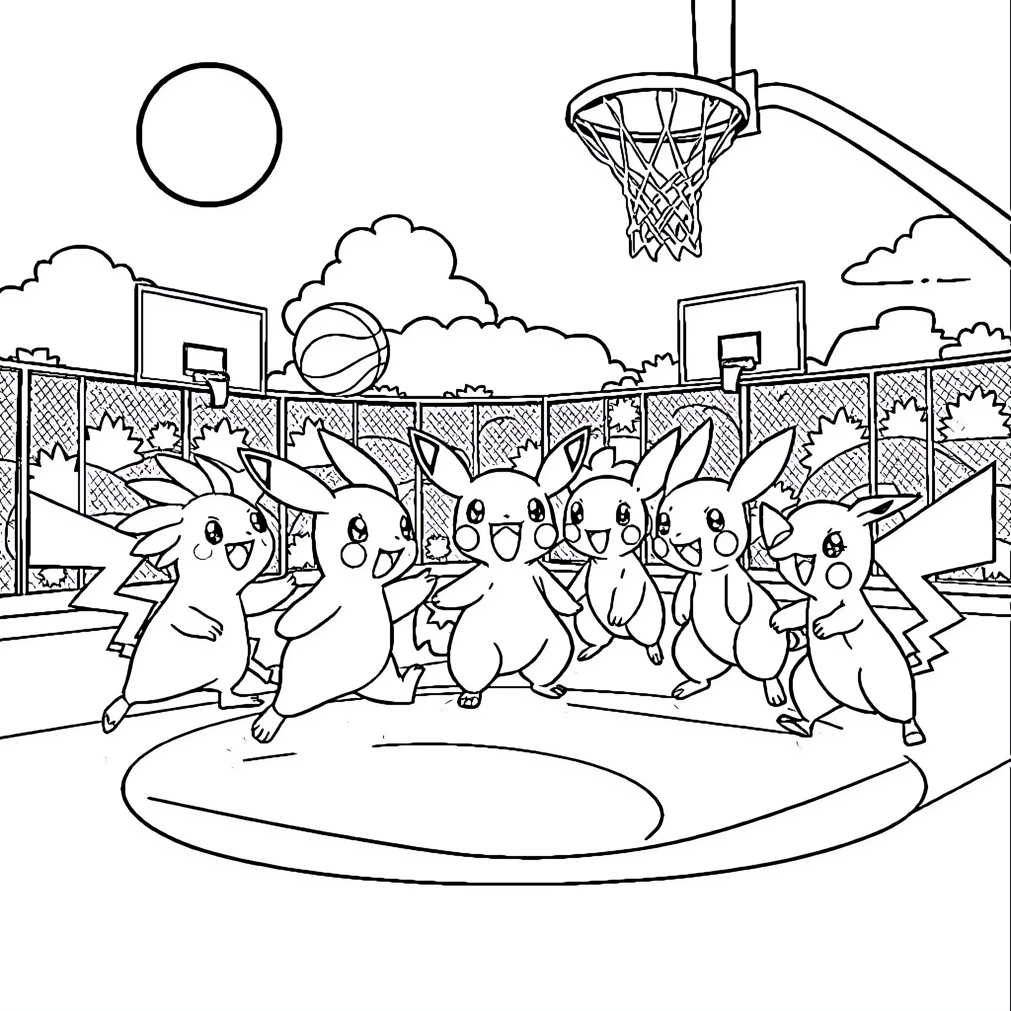 Pokémon playing basketball on the court Coloring Page (free black-and-white line drawing printable PDF for all, from beginners to advanced learners, including children, teens, adults, and seniors)