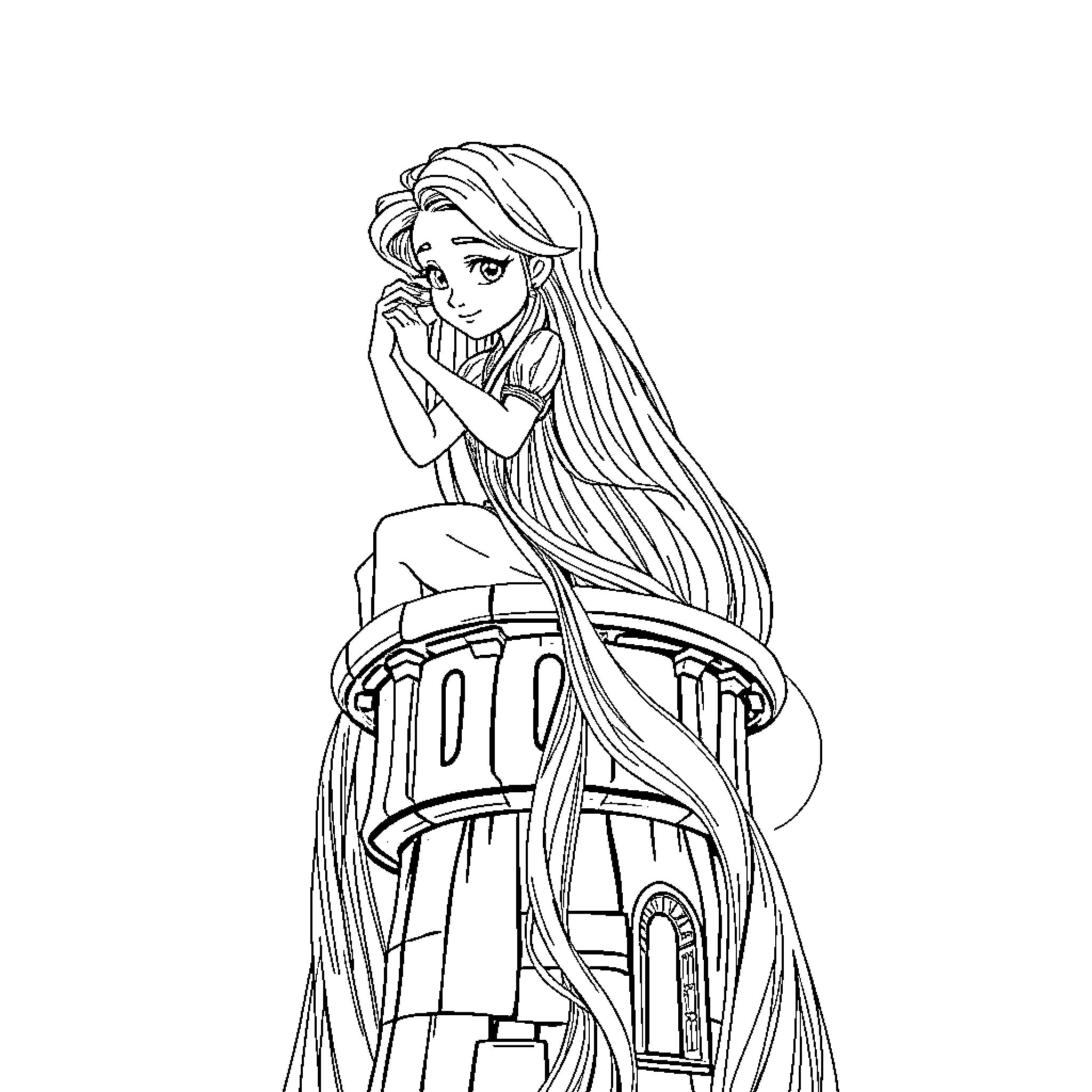 Rapunzel sitting in her tower Coloring Page (free black-and-white line drawing printable PDF for all, from beginners to advanced learners, including children, teens, adults, and seniors)