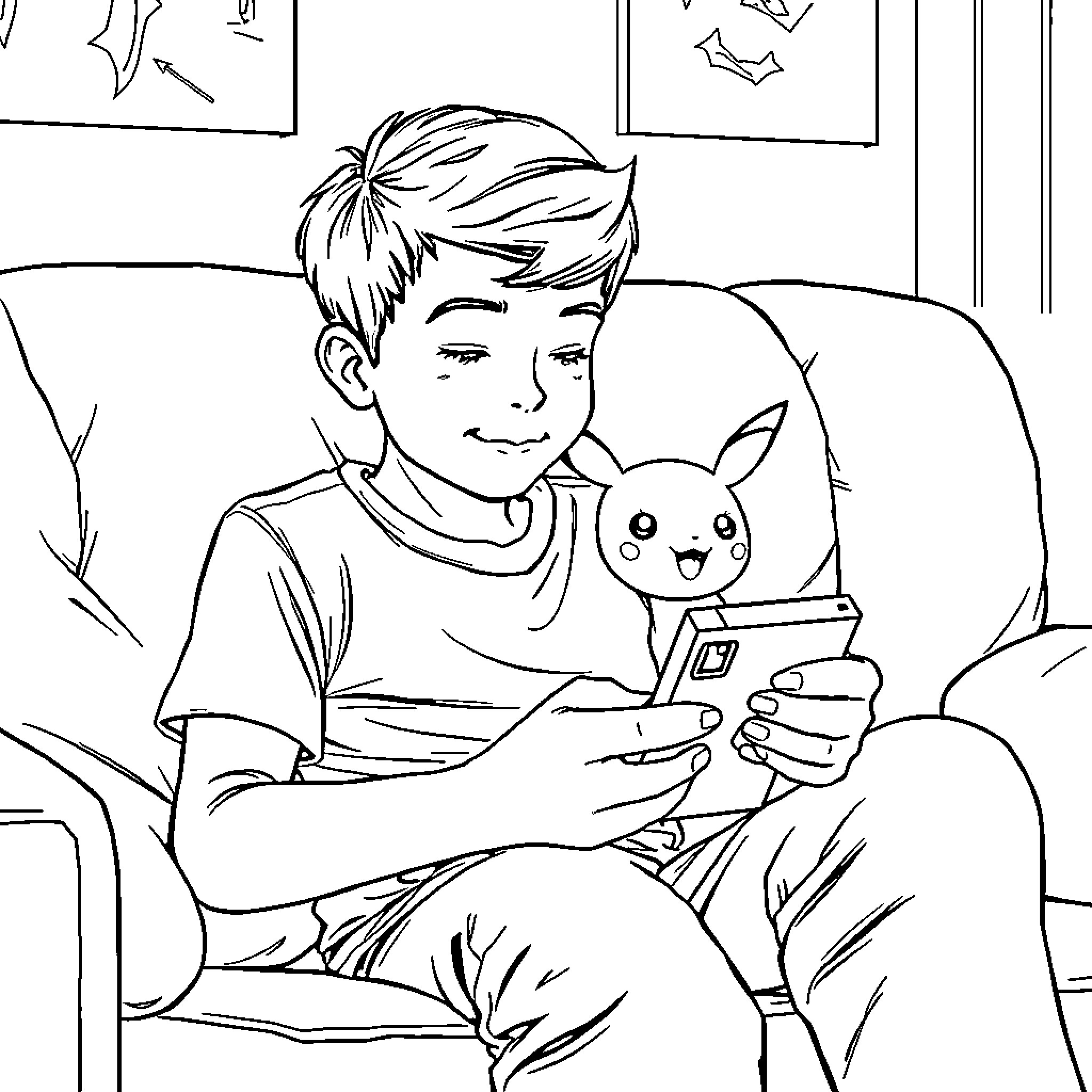 Nintendo Boy Relaxing with Cute Companion Coloring Page (free black-and-white line drawing printable PDF for all, from beginners to advanced learners, including children, teens, adults, and seniors)