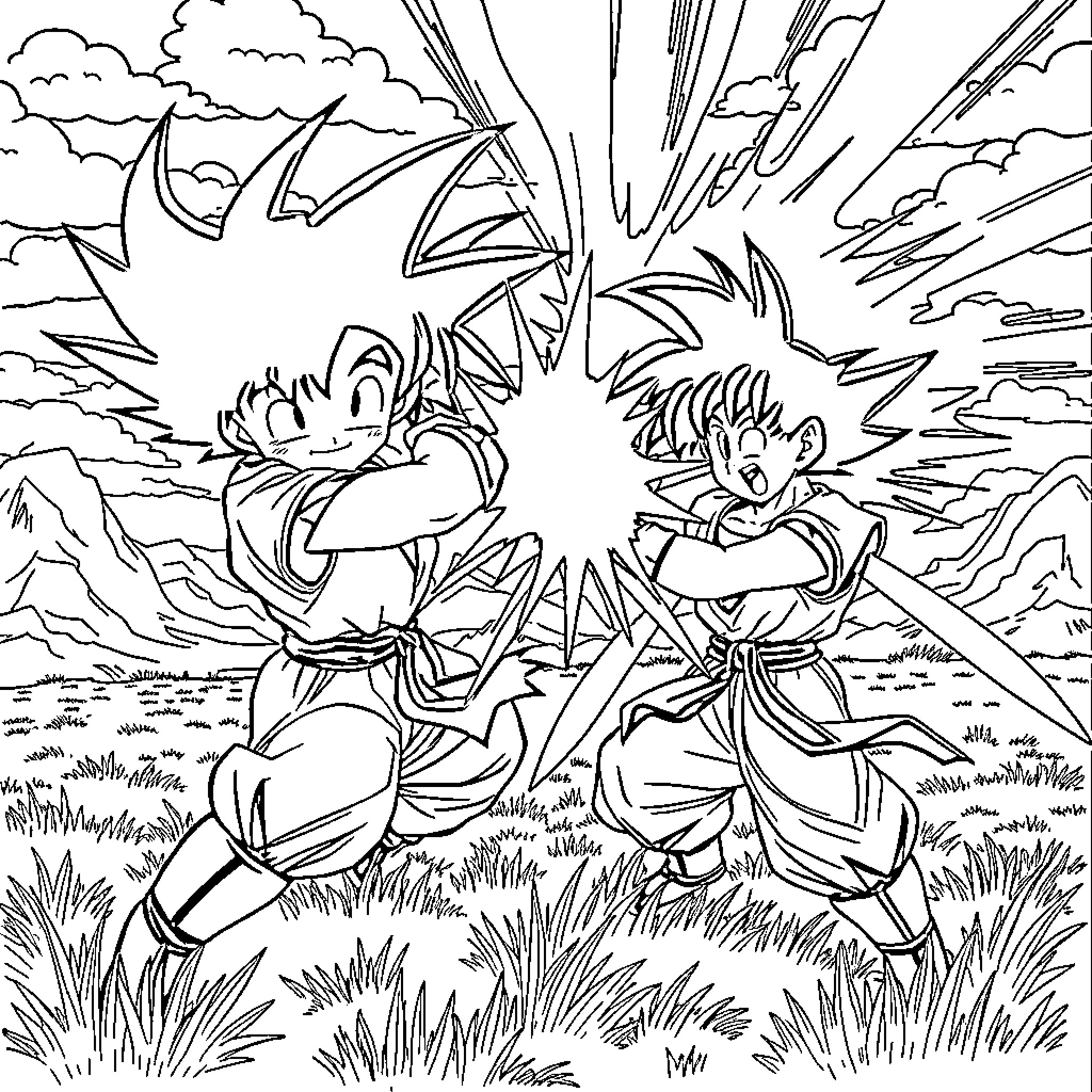 Deku Charging Forward in Battle Poses Coloring Page (free black-and-white line drawing printable PDF for all, from beginners to advanced learners, including children, teens, adults, and seniors)