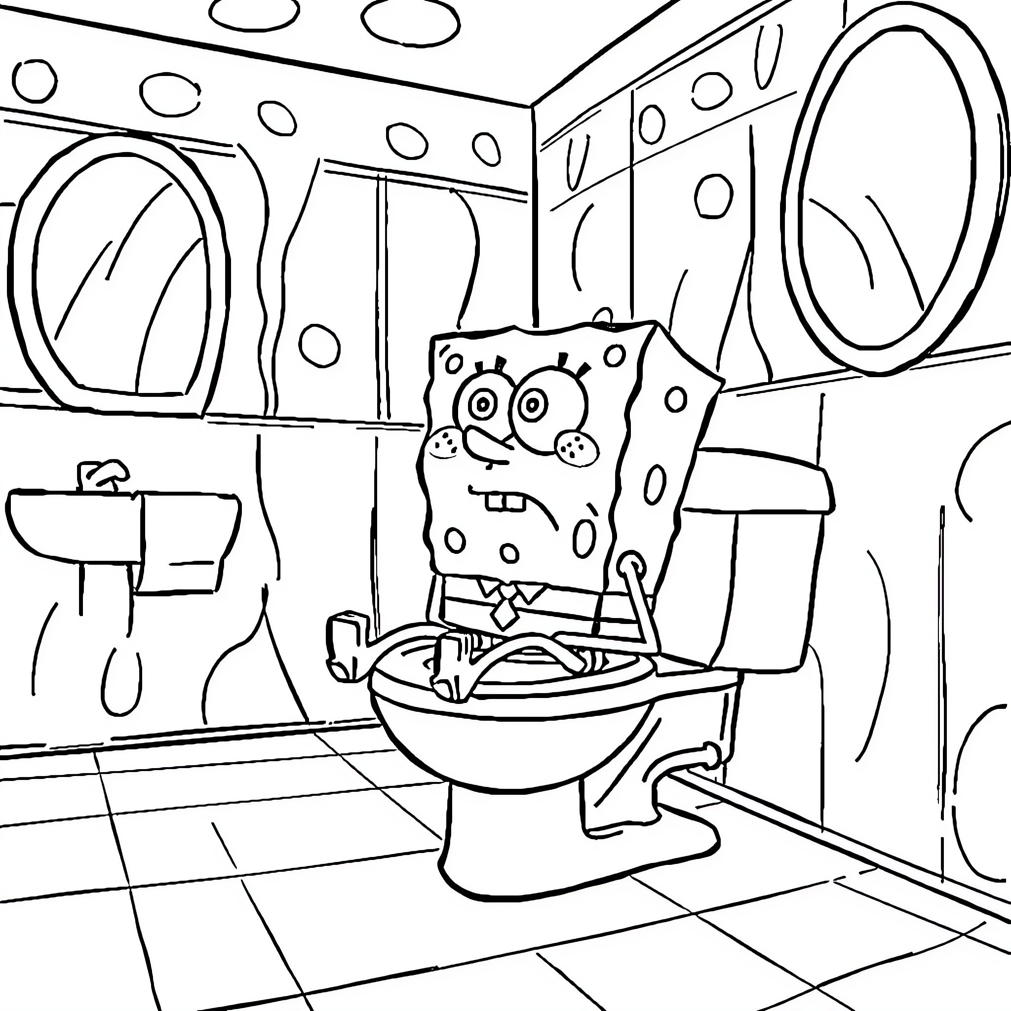 Spongebob in a Whimsical Bathroom Scene Coloring Page (free black-and-white line drawing printable PDF for all, from beginners to advanced learners, including children, teens, adults, and seniors)