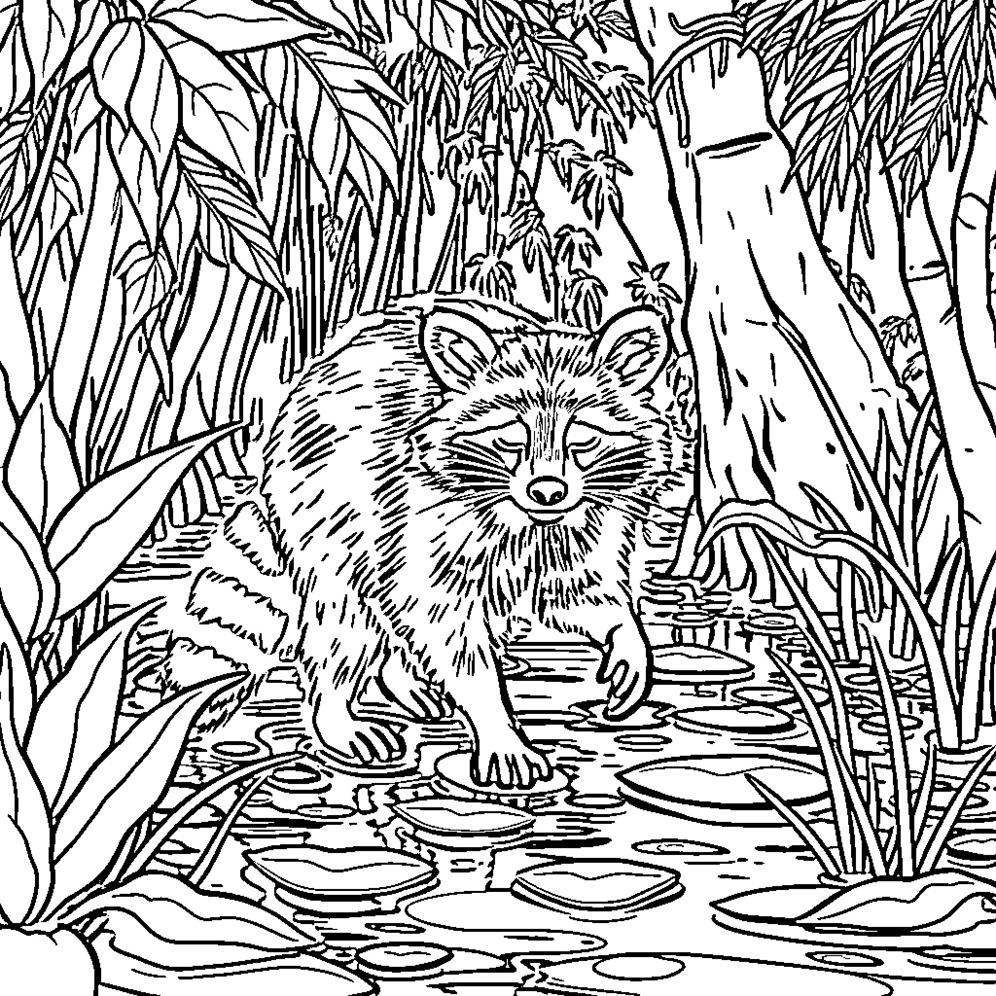 Raccoon exploring the lush forest Coloring Page (free black-and-white line drawing printable PDF for all, from beginners to advanced learners, including children, teens, adults, and seniors)