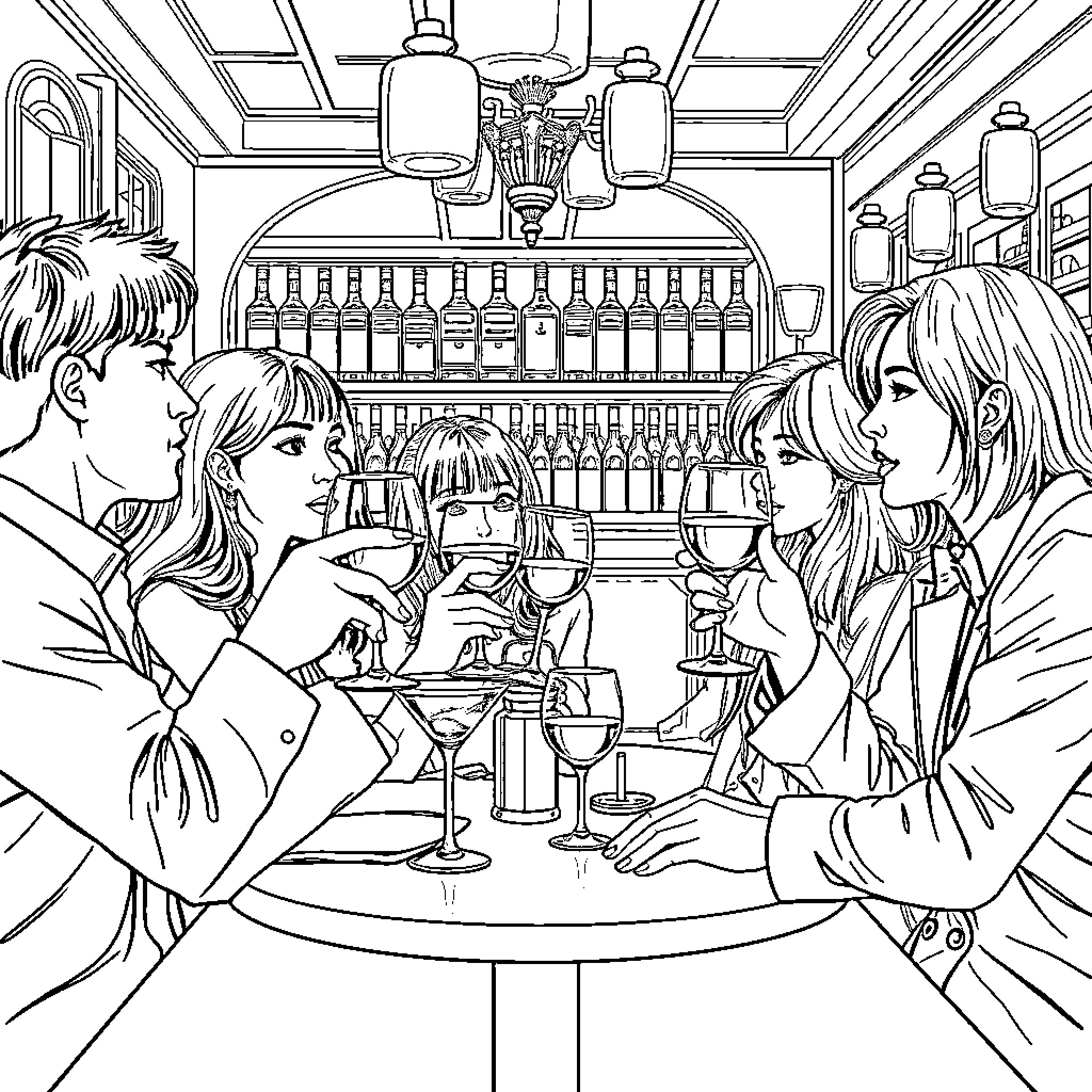 Kpop Friends Enjoying Drinks at Bar Coloring Page (free black-and-white line drawing printable PDF for all, from beginners to advanced learners, including children, teens, adults, and seniors)