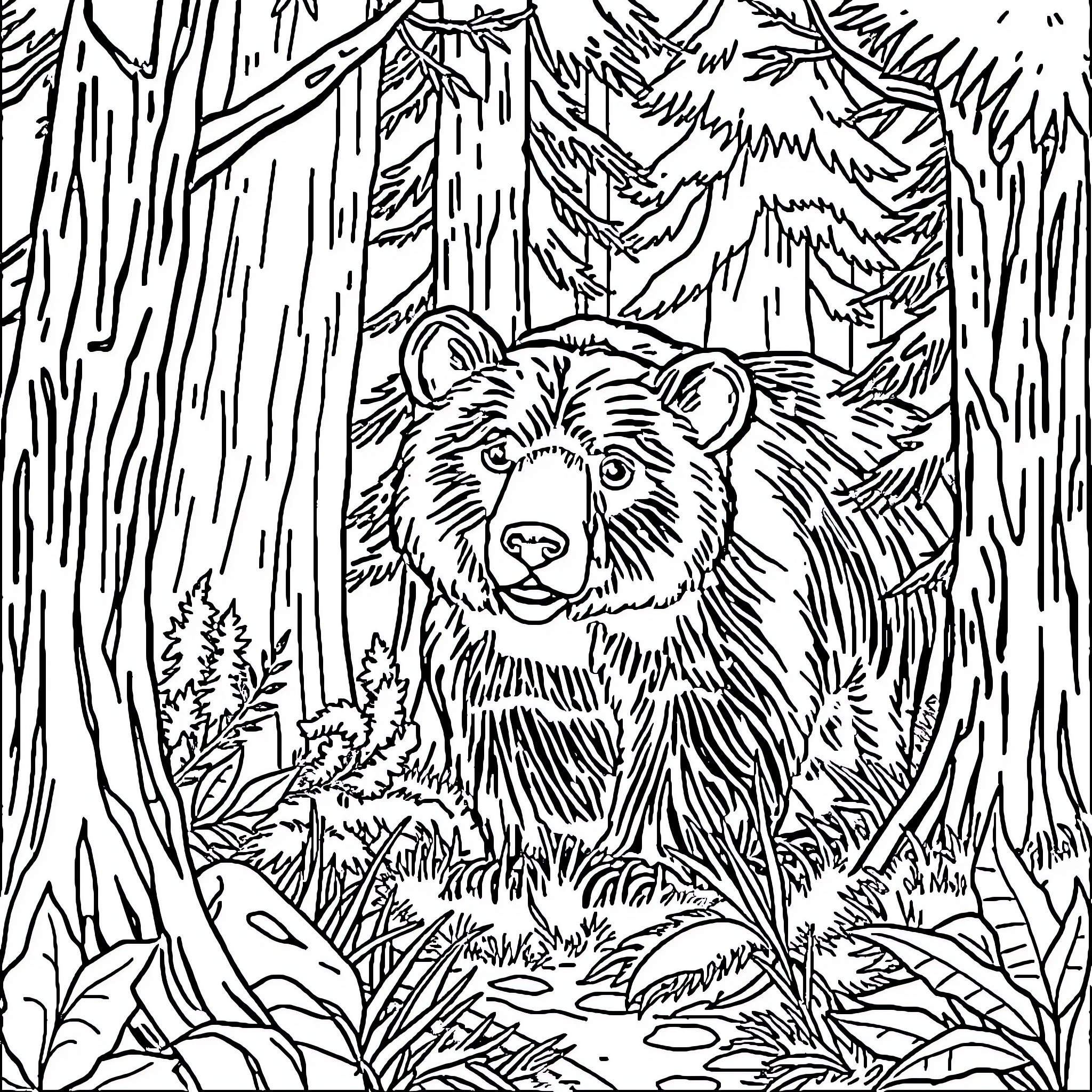 Bear in a dense forest Coloring Page (free black-and-white line drawing printable PDF for all, from beginners to advanced learners, including children, teens, adults, and seniors)
