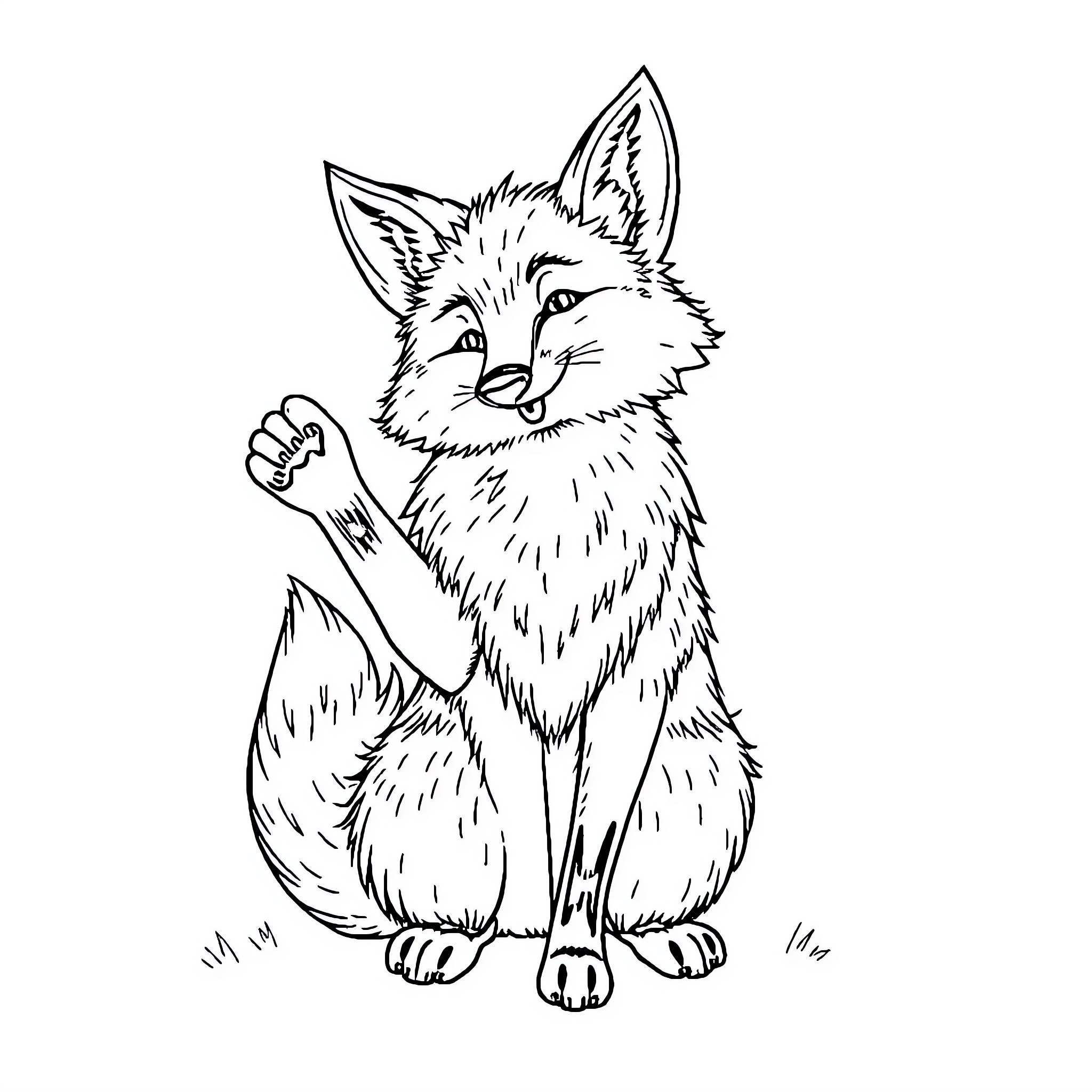 Fox sitting and looking curiously Coloring Page (free black-and-white line drawing printable PDF for all, from beginners to advanced learners, including children, teens, adults, and seniors)