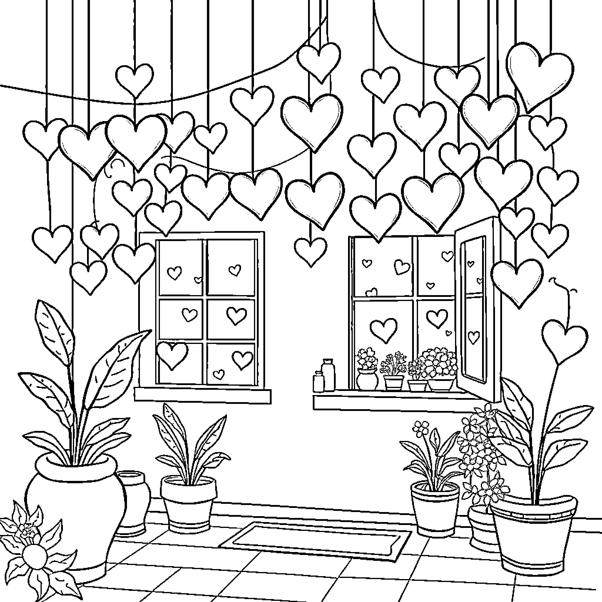 Heart-Filled Room with Cozy Window Coloring Page (free black-and-white line drawing printable PDF for all, from beginners to advanced learners, including children, teens, adults, and seniors)