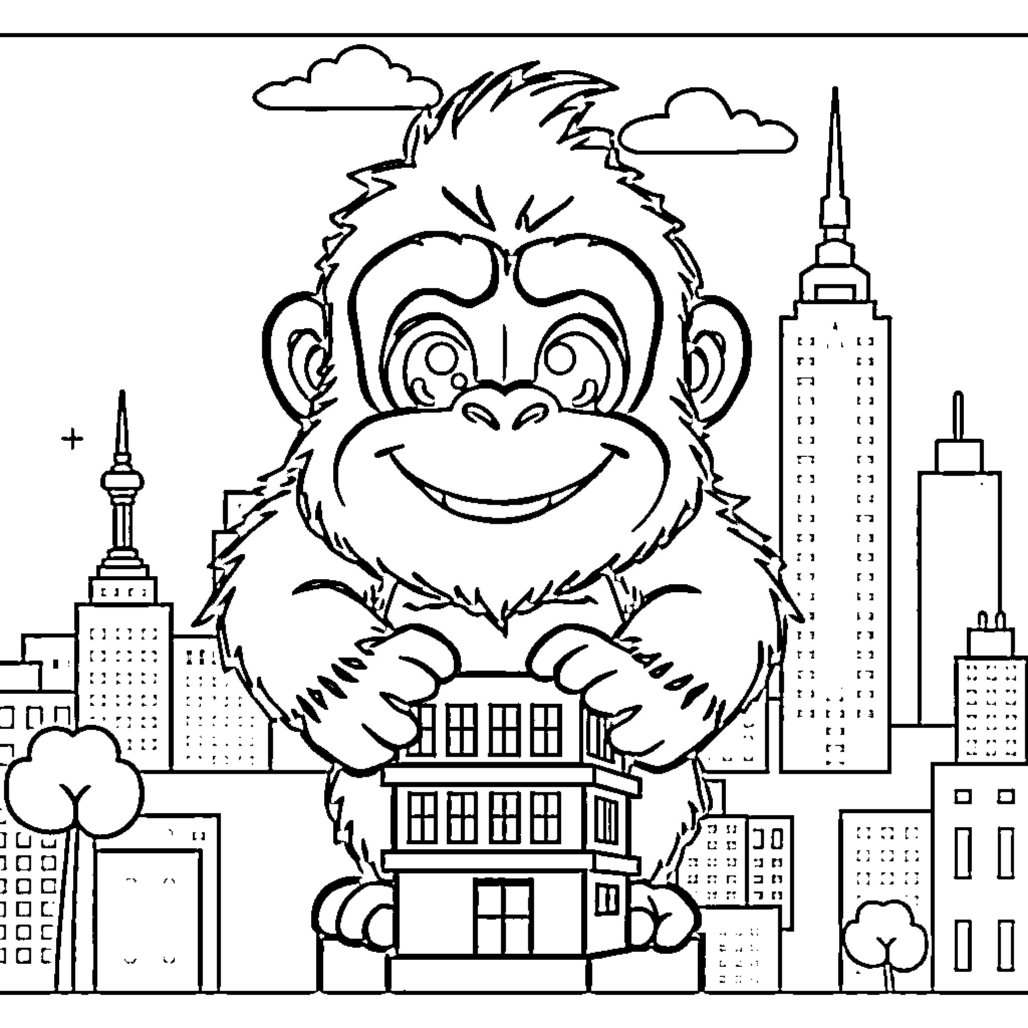 King Kong destroying the city with delight Coloring Page (free black-and-white line drawing printable PDF for all, from beginners to advanced learners, including children, teens, adults, and seniors)
