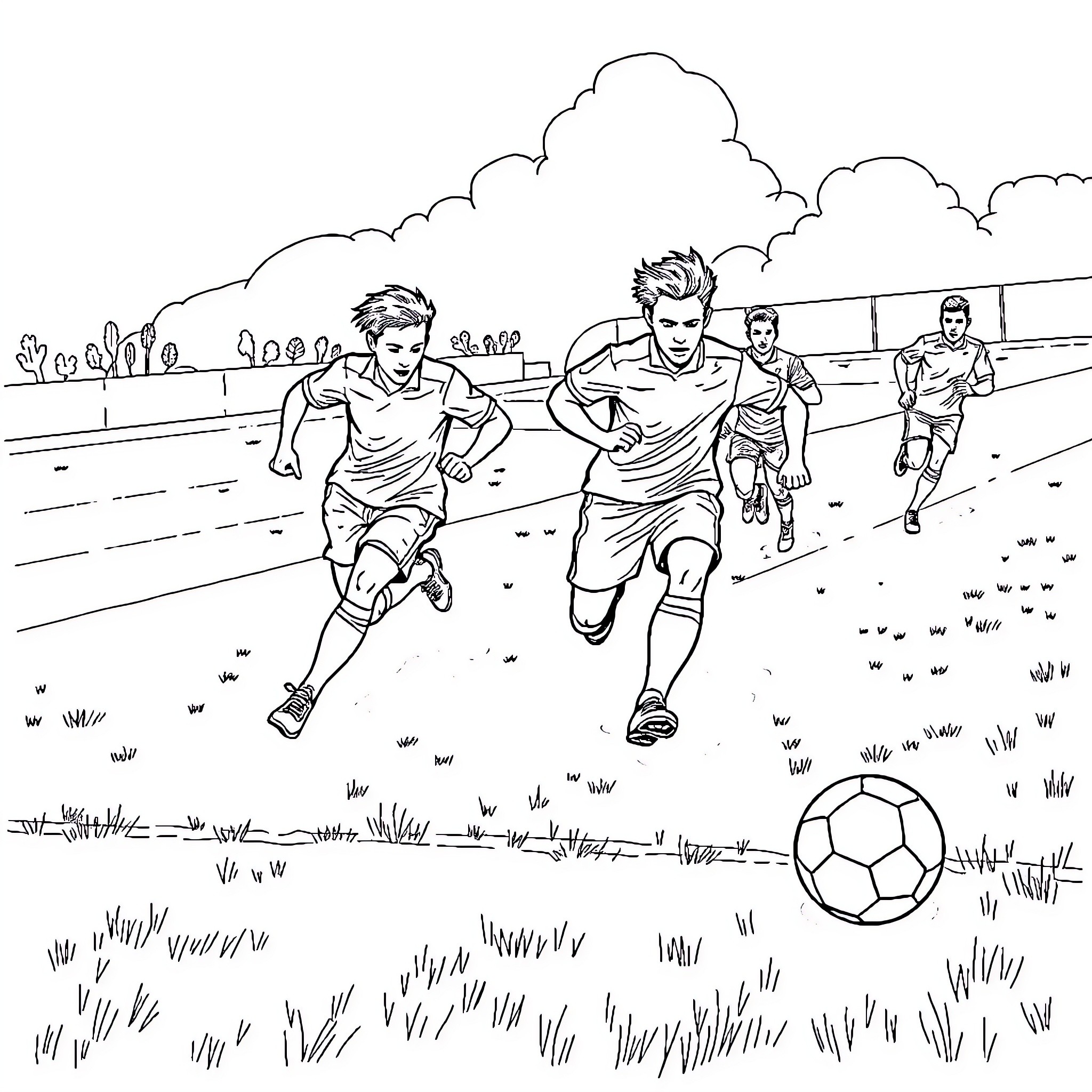 Soccer Players Competing in a Fierce Match Coloring Page (free black-and-white line drawing printable PDF for all, from beginners to advanced learners, including children, teens, adults, and seniors)