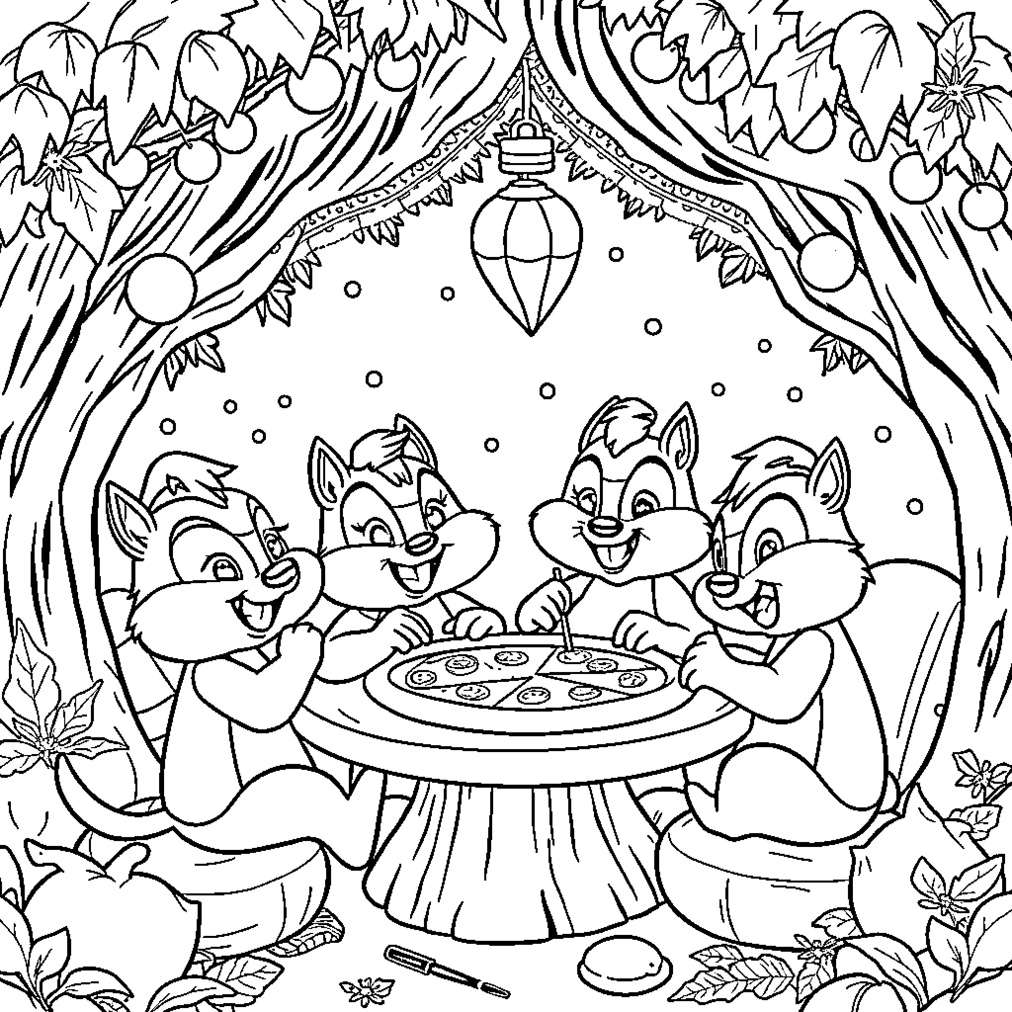 Chip and Dale's Cozy Forest Picnic Coloring Page (free black-and-white line drawing printable PDF for all, from beginners to advanced learners, including children, teens, adults, and seniors)