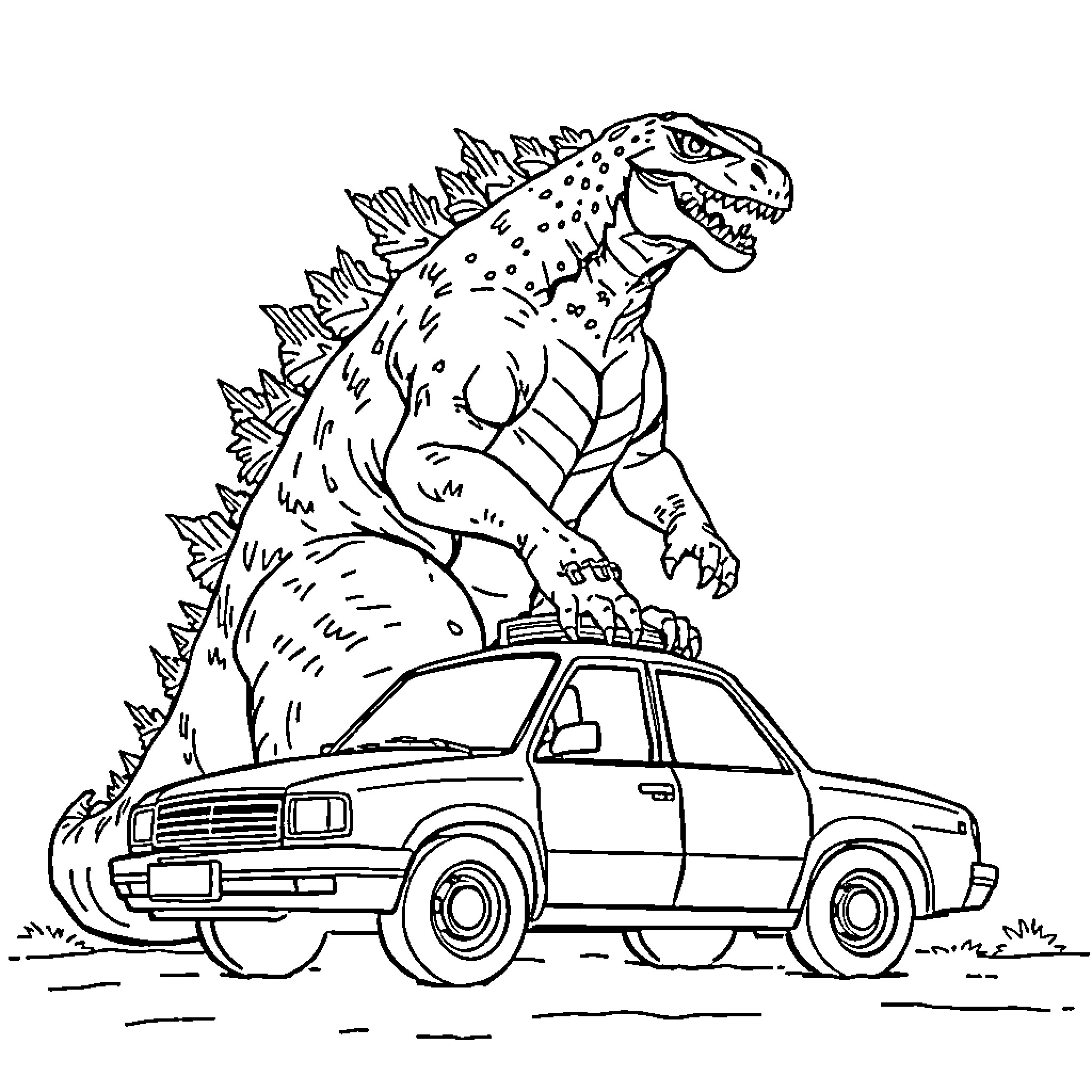 Godzilla stomping on a police car Coloring Page (free black-and-white line drawing printable PDF for all, from beginners to advanced learners, including children, teens, adults, and seniors)