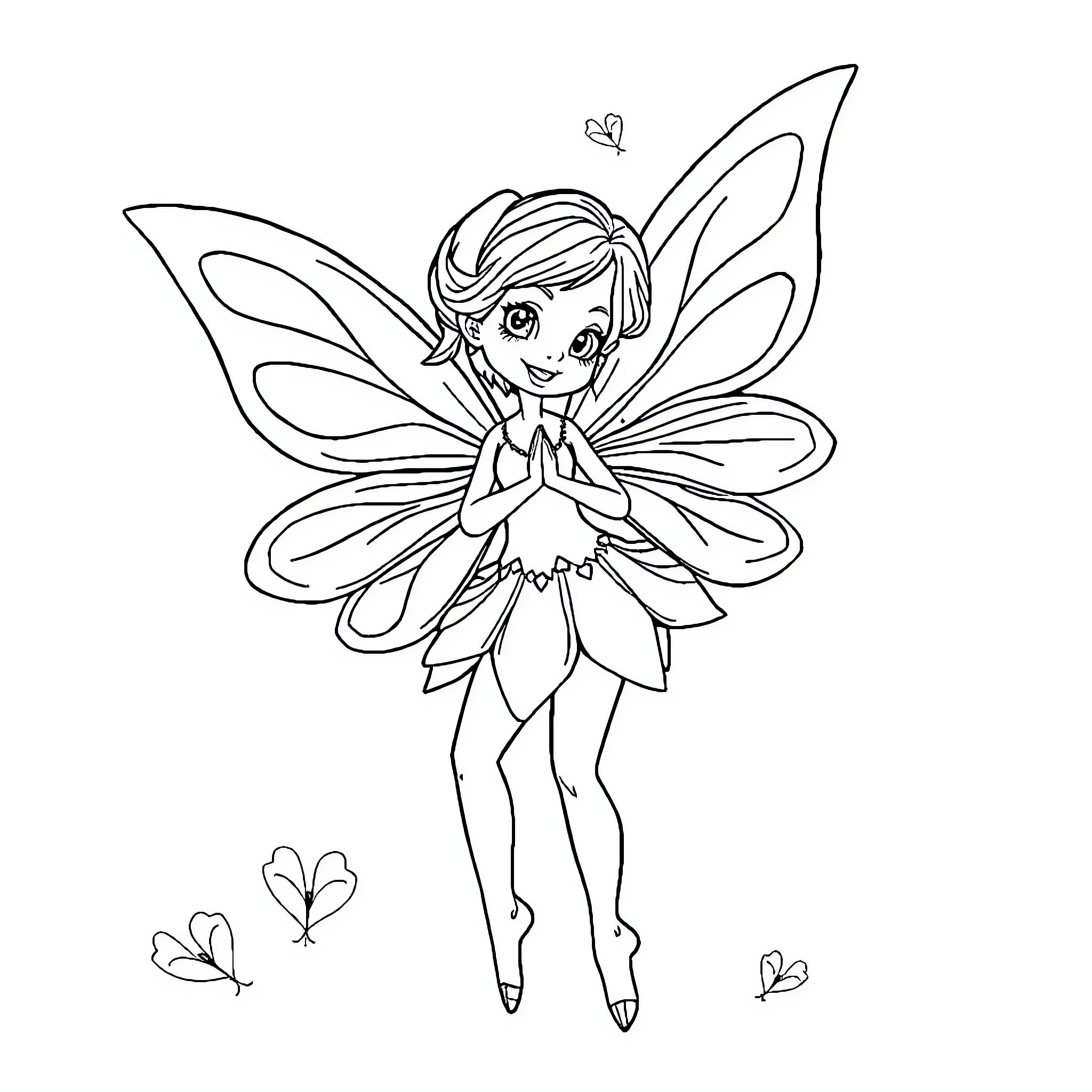 Fairy with Butterfly Wings and Floral Dress Coloring Page (free black-and-white line drawing printable PDF for all, from beginners to advanced learners, including children, teens, adults, and seniors)