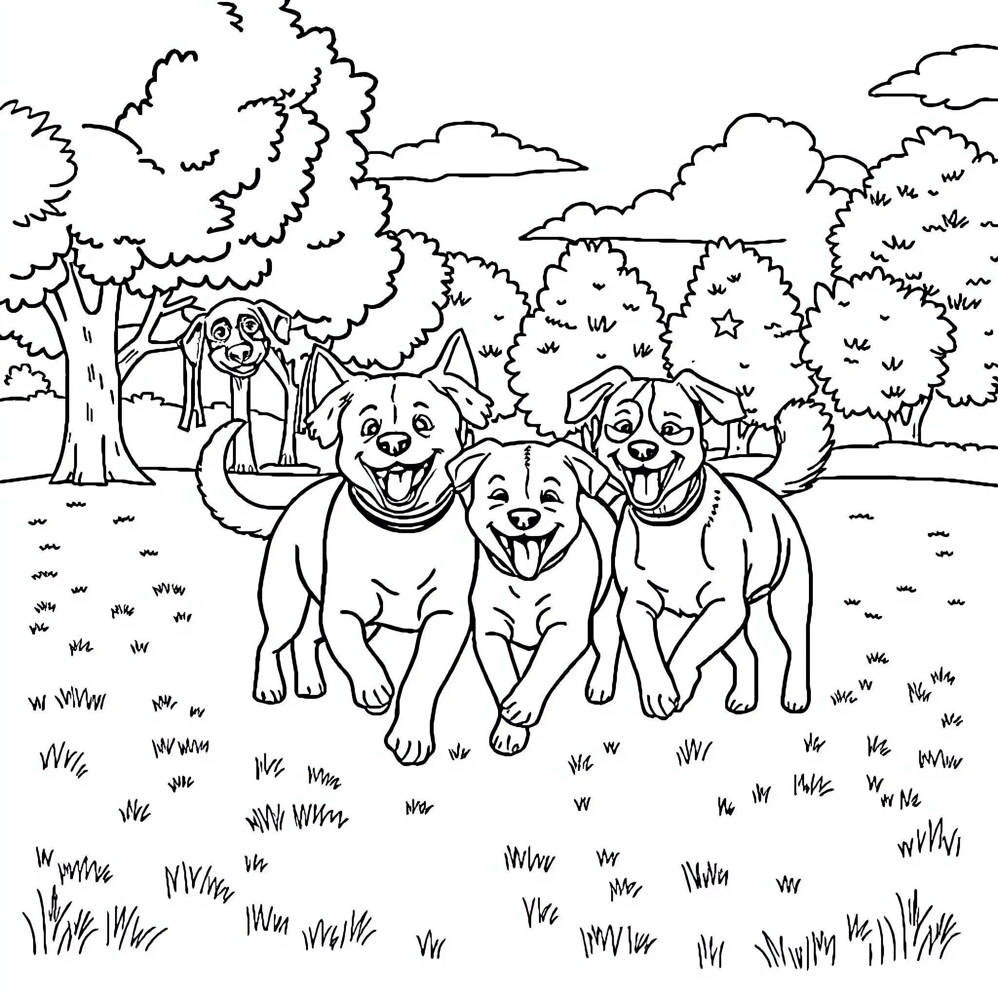 Dog friends playing happily in the park Coloring Page (free black-and-white line drawing printable PDF for all, from beginners to advanced learners, including children, teens, adults, and seniors)