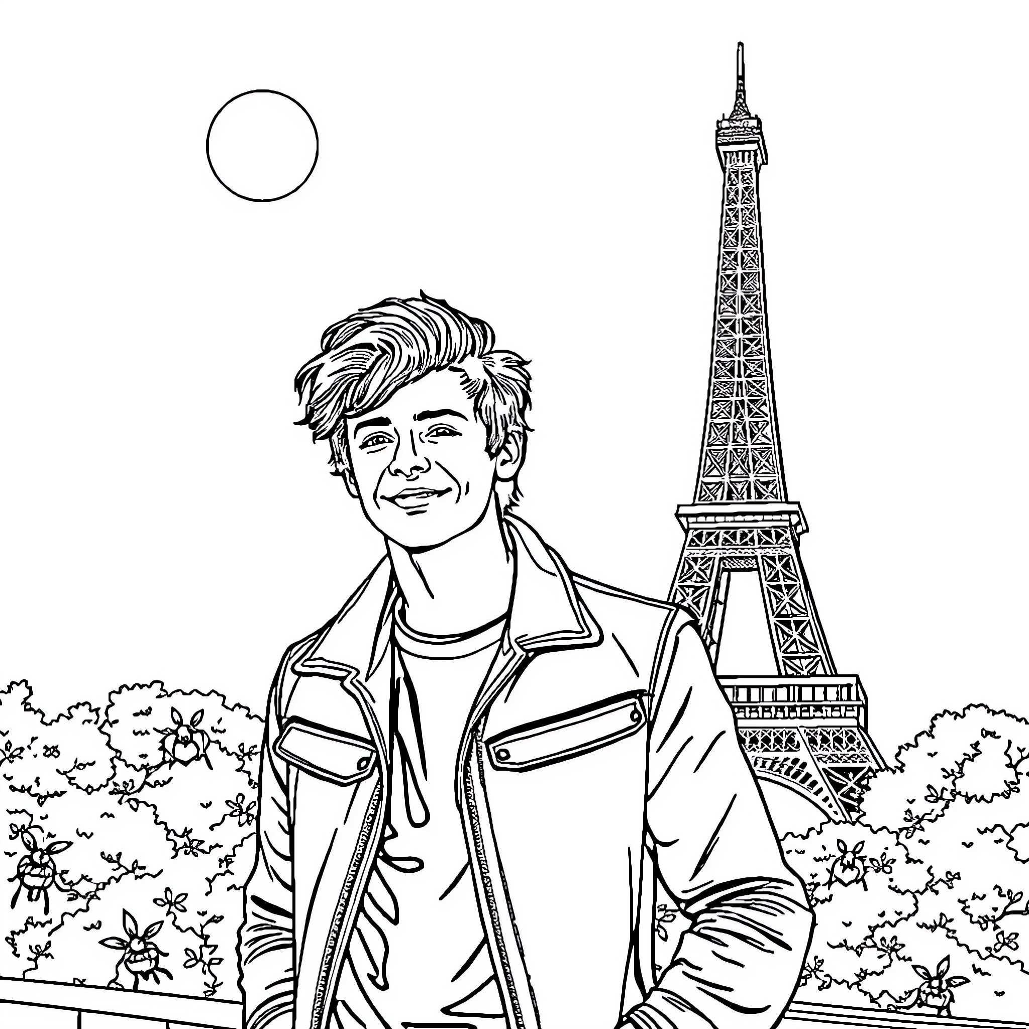 Harry Styles enjoying a scenic view in Paris Coloring Page (free black-and-white line drawing printable PDF for all, from beginners to advanced learners, including children, teens, adults, and seniors)