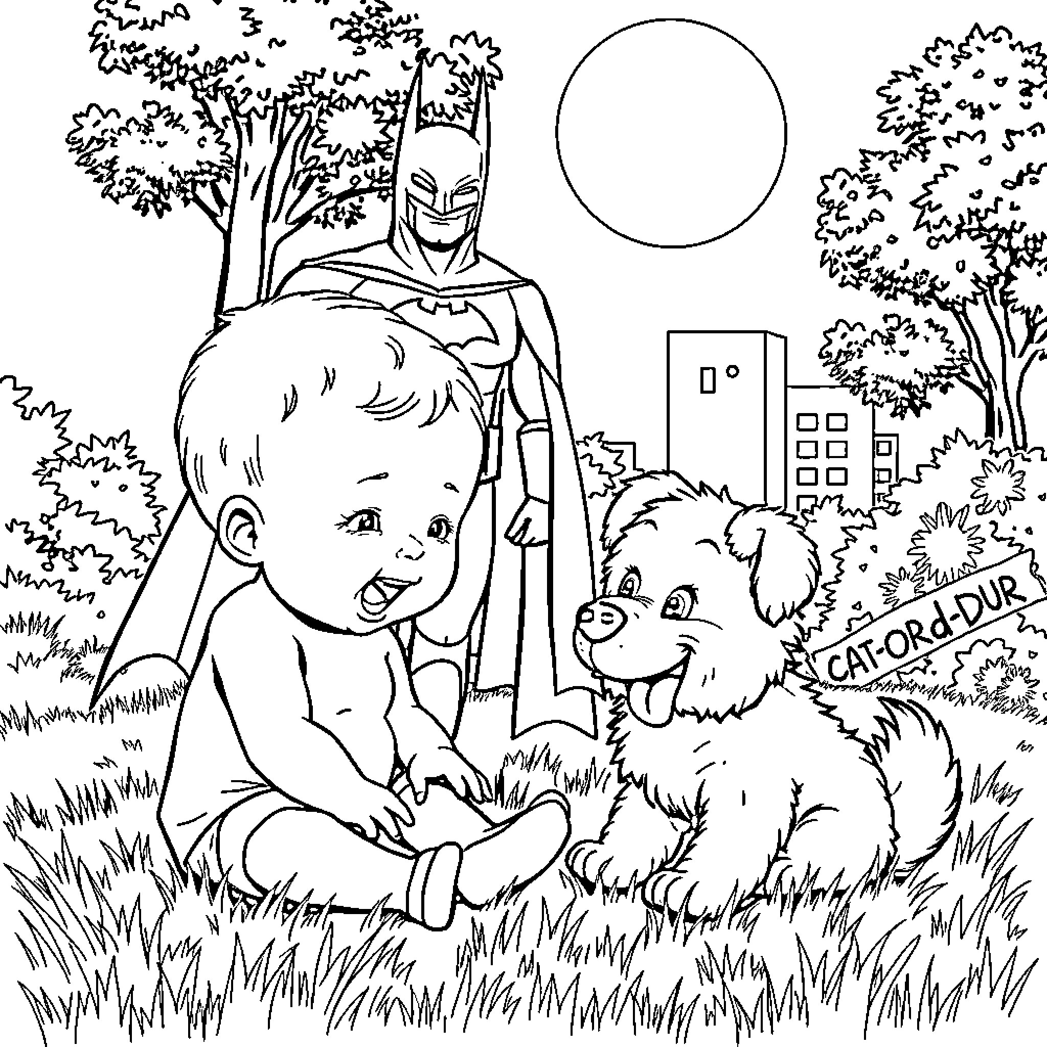 Baby playing with puppy in the park Coloring Page (free black-and-white line drawing printable PDF for all, from beginners to advanced learners, including children, teens, adults, and seniors)