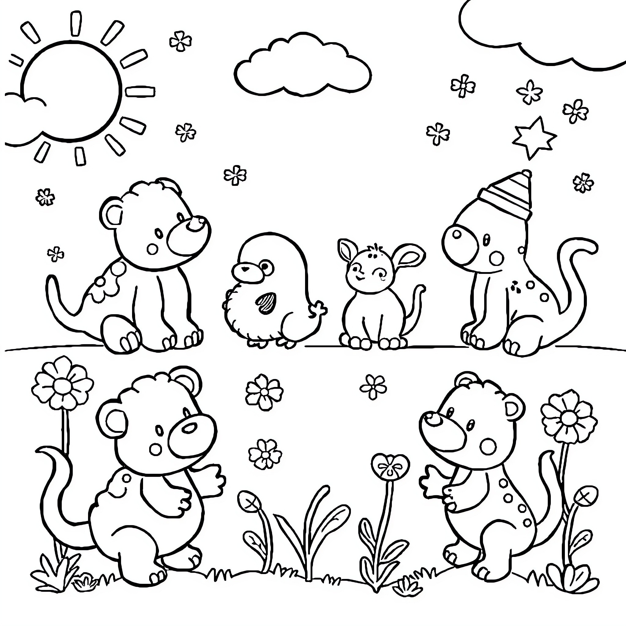 Rhyming Images of Playful Animals in Nature Coloring Page (free black-and-white line drawing printable PDF for all, from beginners to advanced learners, including children, teens, adults, and seniors)