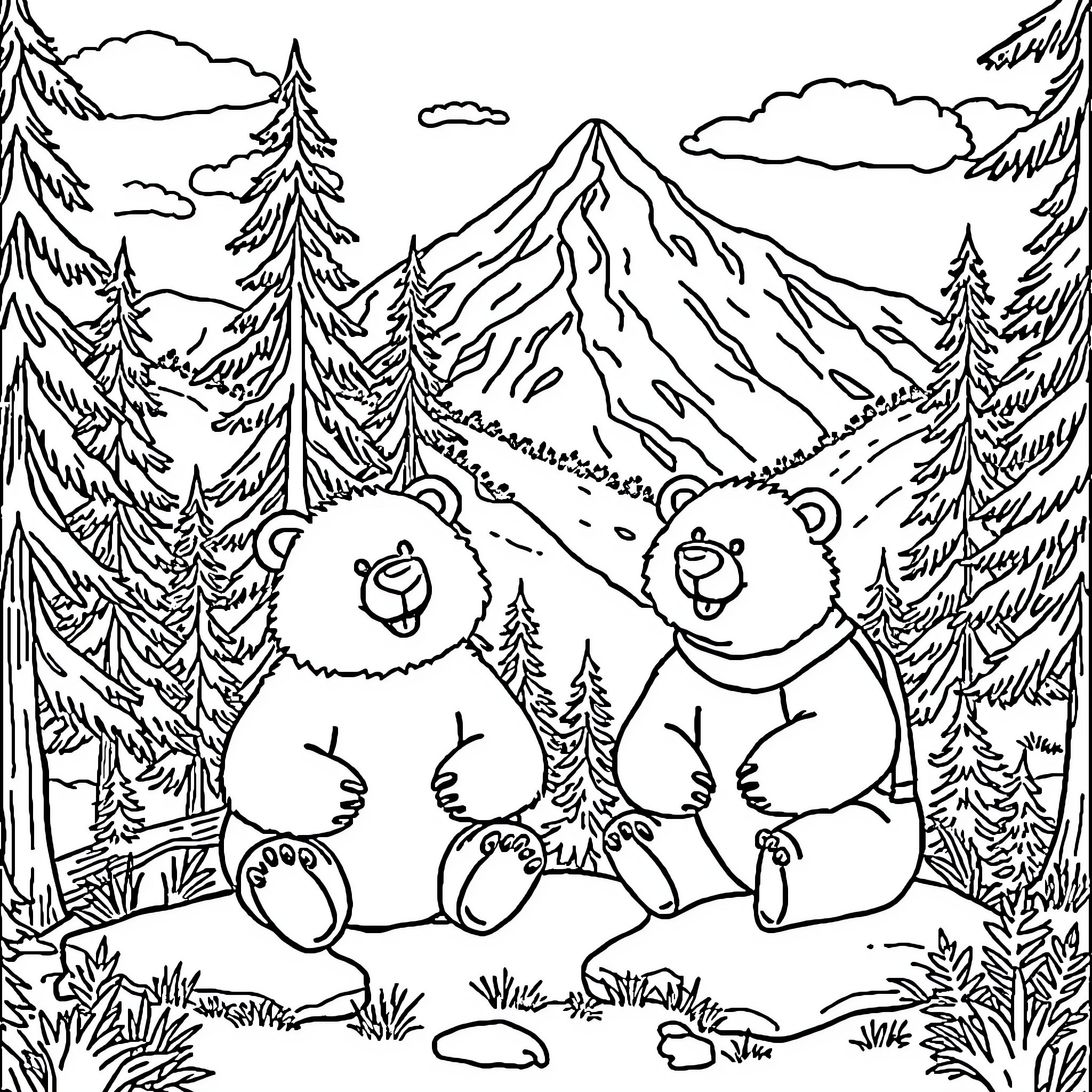 Bear friends enjoying scenic mountain landscape Coloring Page (free black-and-white line drawing printable PDF for all, from beginners to advanced learners, including children, teens, adults, and seniors)