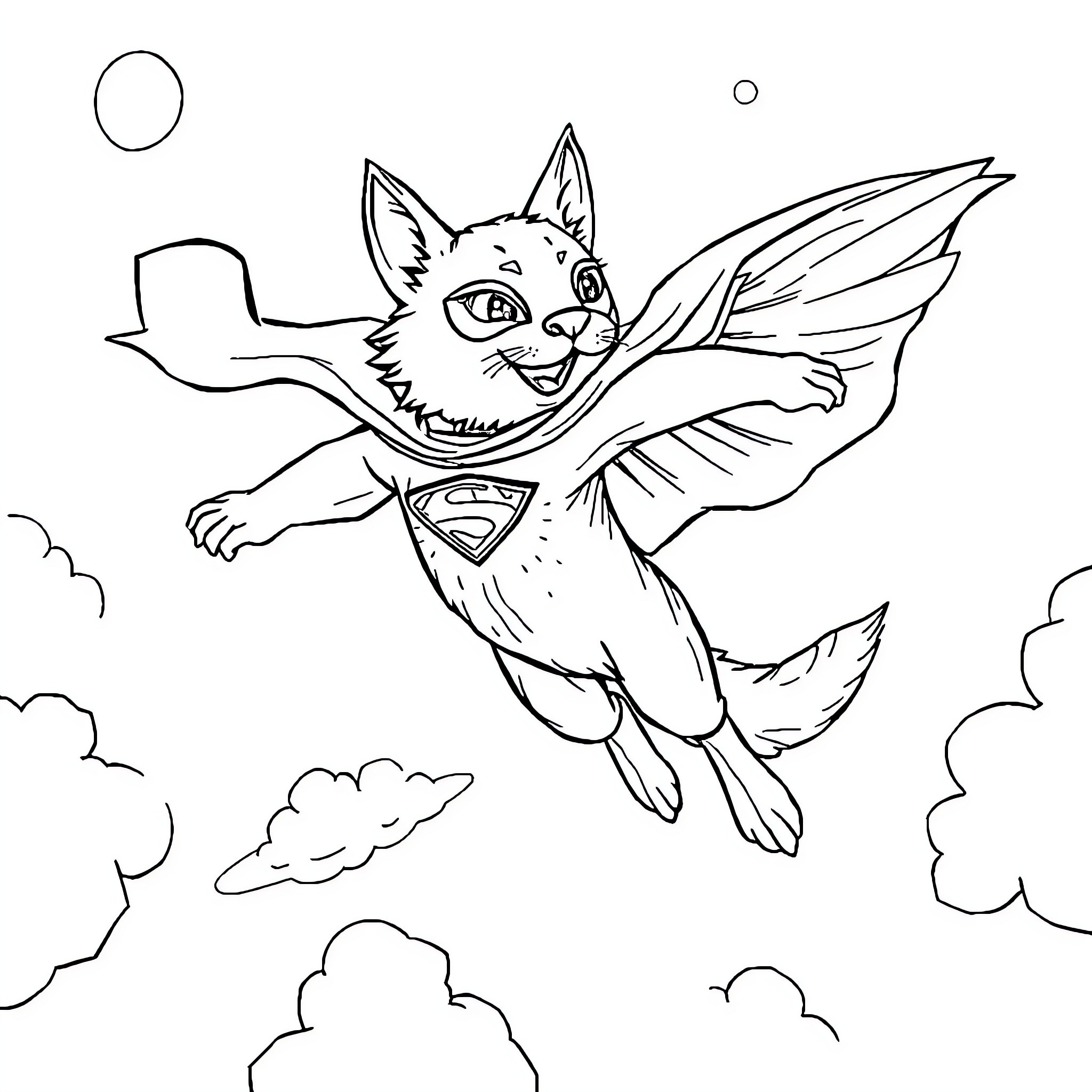 Dog flying in the sky with wings Coloring Page (free black-and-white line drawing printable PDF for all, from beginners to advanced learners, including children, teens, adults, and seniors)