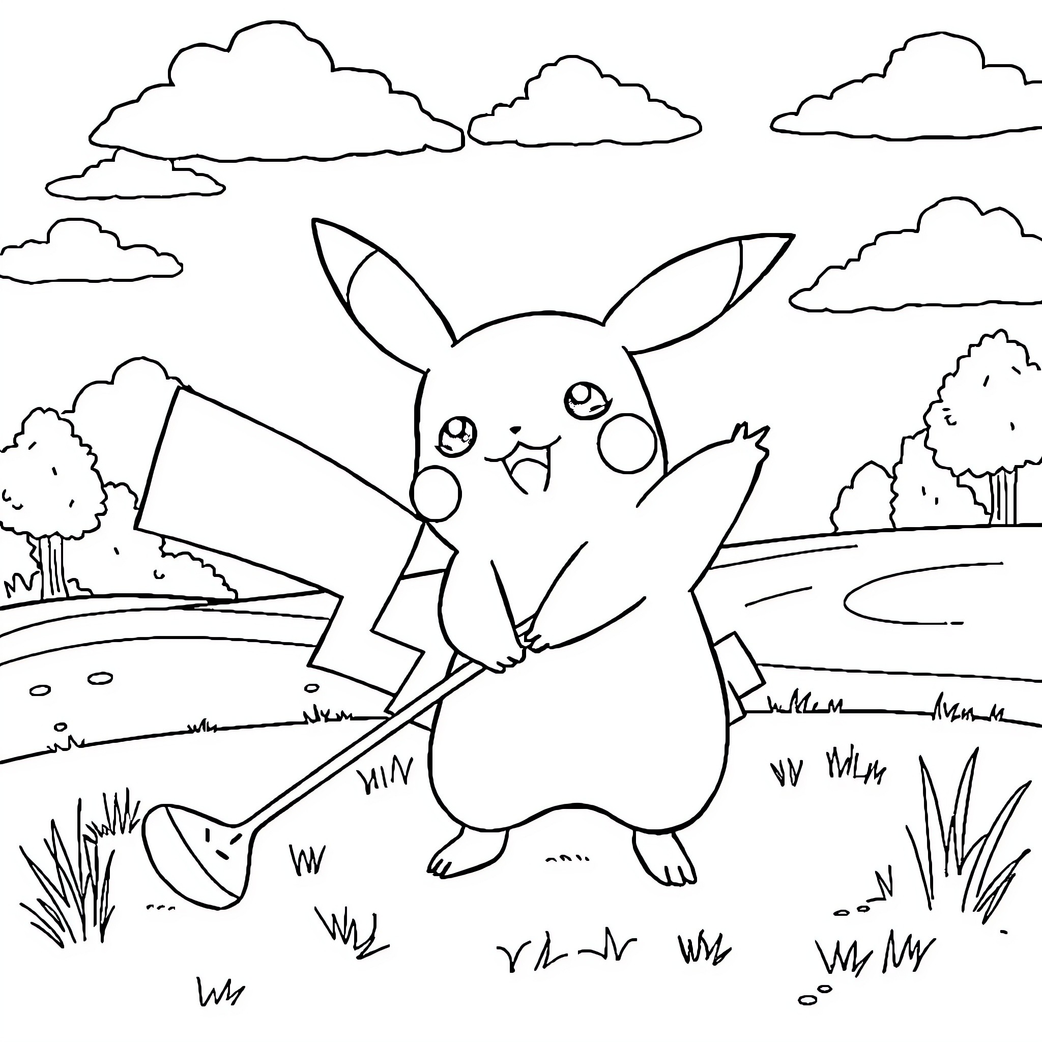 Pikachu playing happily in the nature landscape Coloring Page (free black-and-white line drawing printable PDF for all, from beginners to advanced learners, including children, teens, adults, and seniors)