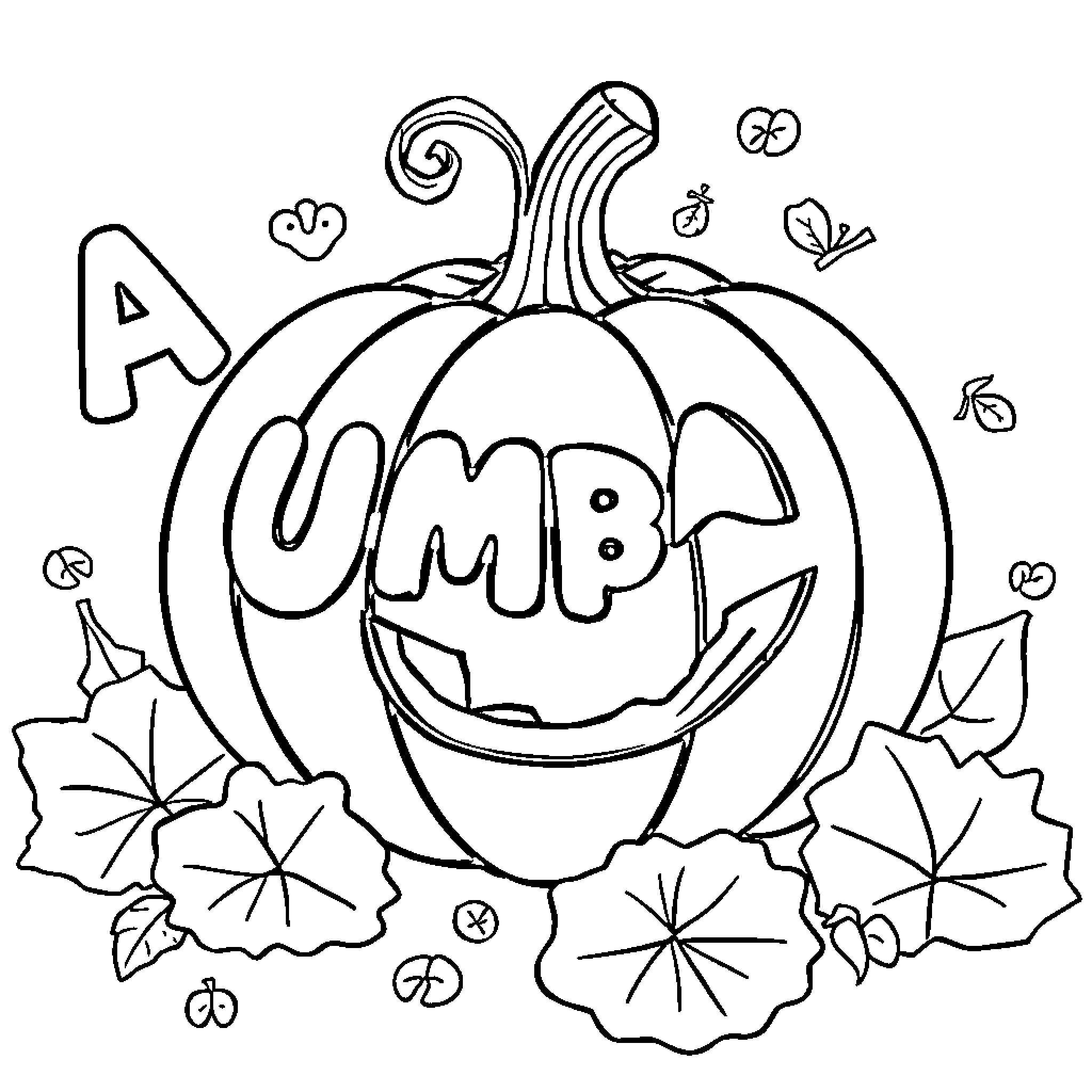 Pumpkin with a goofy expression surrounded by autumn leaves Coloring Page (free black-and-white line drawing printable PDF for all, from beginners to advanced learners, including children, teens, adults, and seniors)