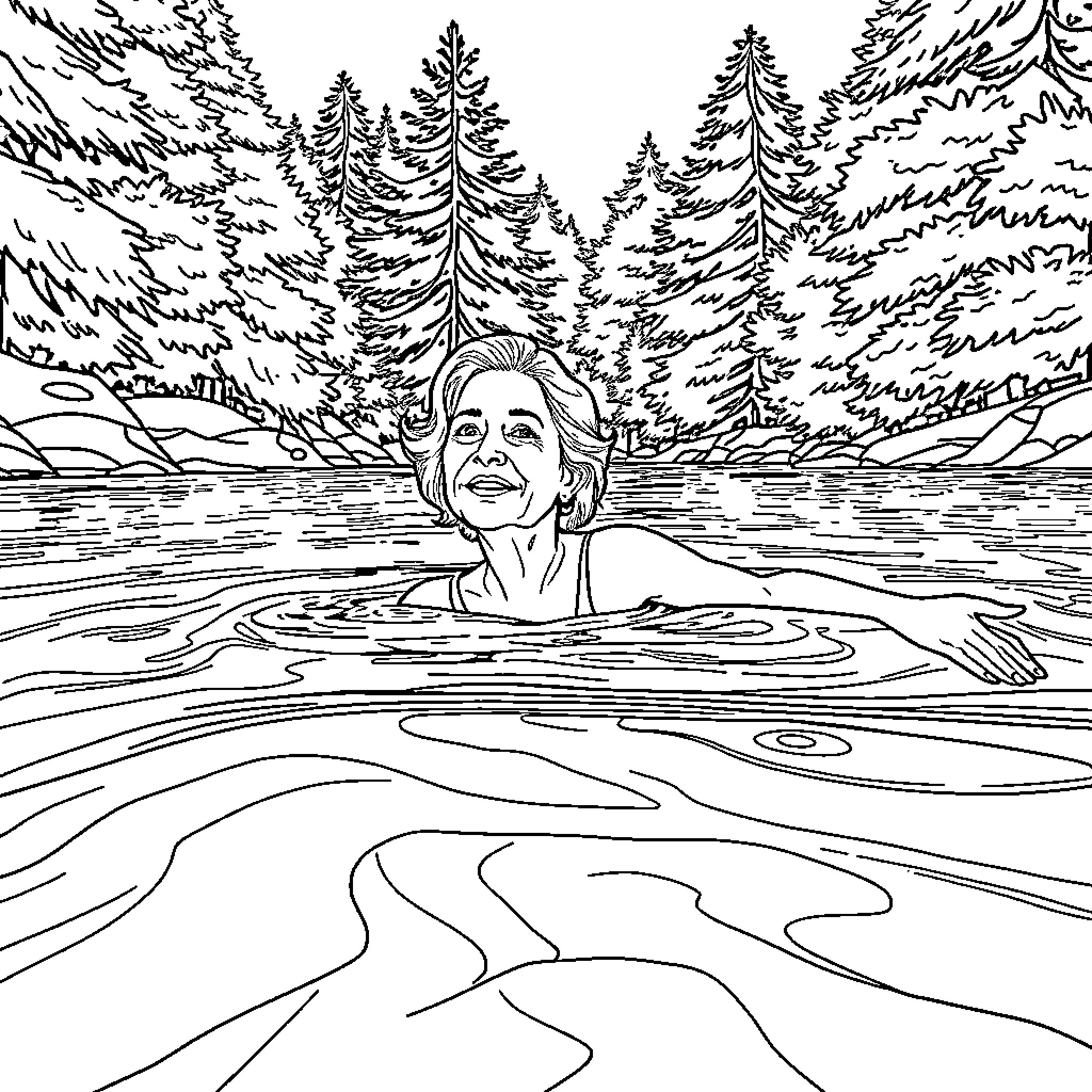 Woman relaxing in natural hot spring surrounded by forest Coloring Page (free black-and-white line drawing printable PDF for all, from beginners to advanced learners, including children, teens, adults, and seniors)