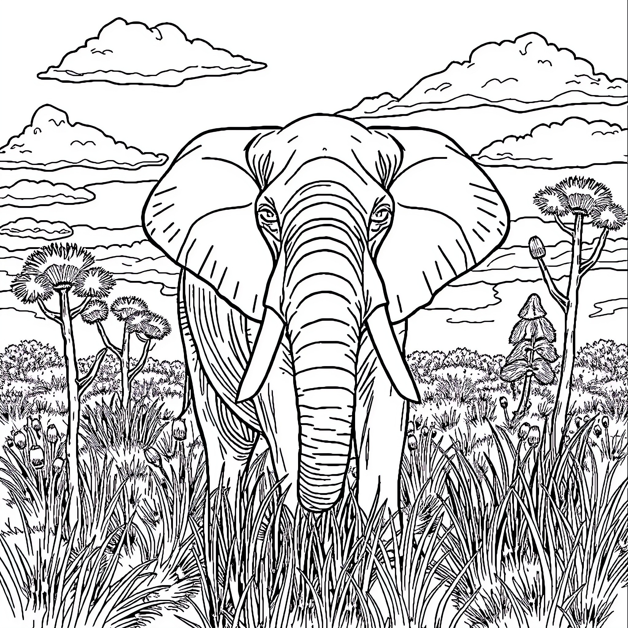 Elephant exploring the African savanna landscape Coloring Page (free black-and-white line drawing printable PDF for all, from beginners to advanced learners, including children, teens, adults, and seniors)