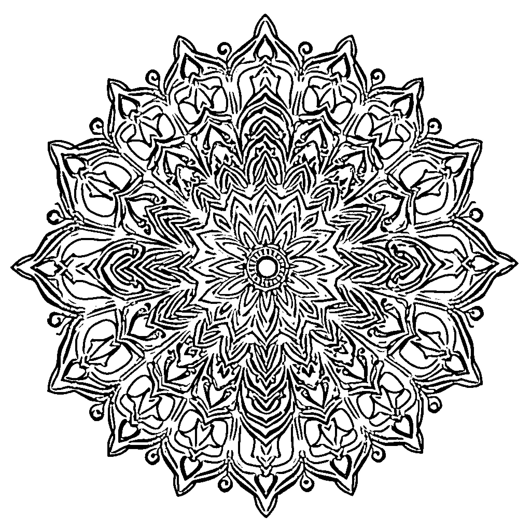 Mandala of intricate floral patterns and symmetrical designs Coloring Page (free black-and-white line drawing printable PDF for all, from beginners to advanced learners, including children, teens, adults, and seniors)