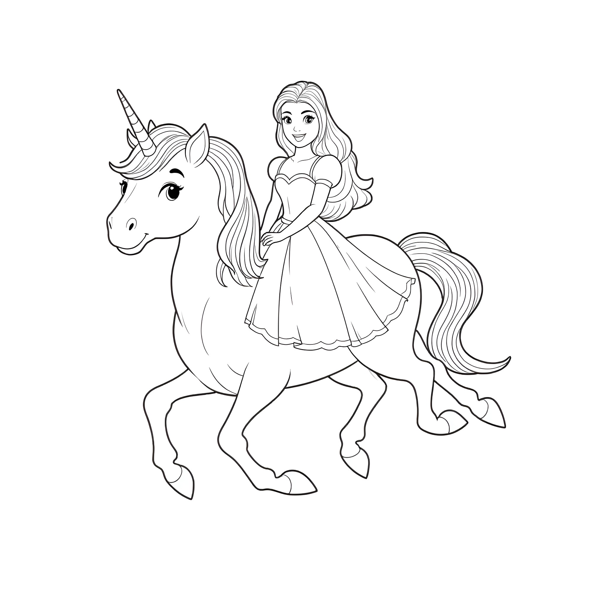 Princess riding a magical unicorn Coloring Page (free black-and-white line drawing printable PDF for all, from beginners to advanced learners, including children, teens, adults, and seniors)