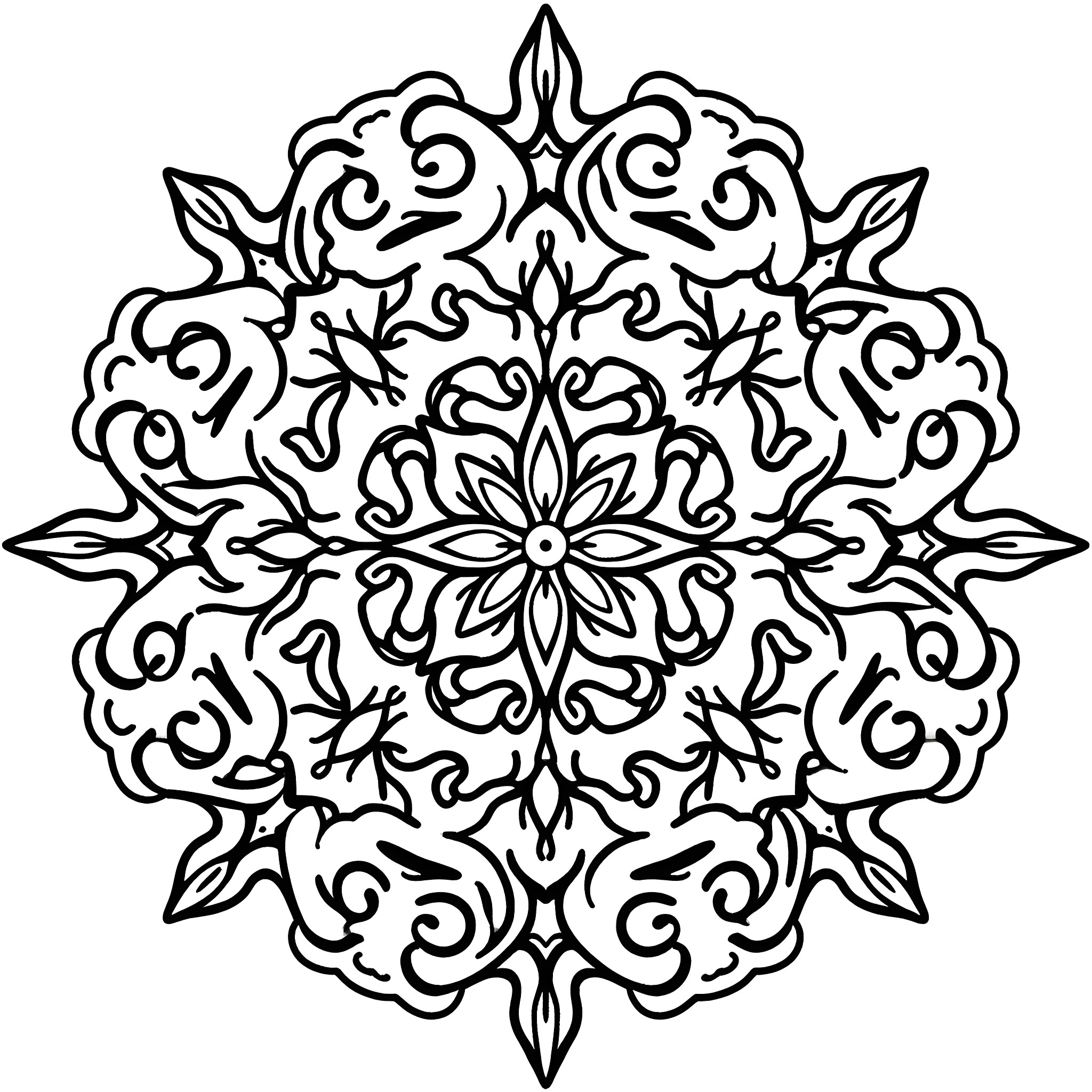 Zen Tangle with Intricate Floral Pattern Coloring Page (free black-and-white line drawing printable PDF for all, from beginners to advanced learners, including children, teens, adults, and seniors)