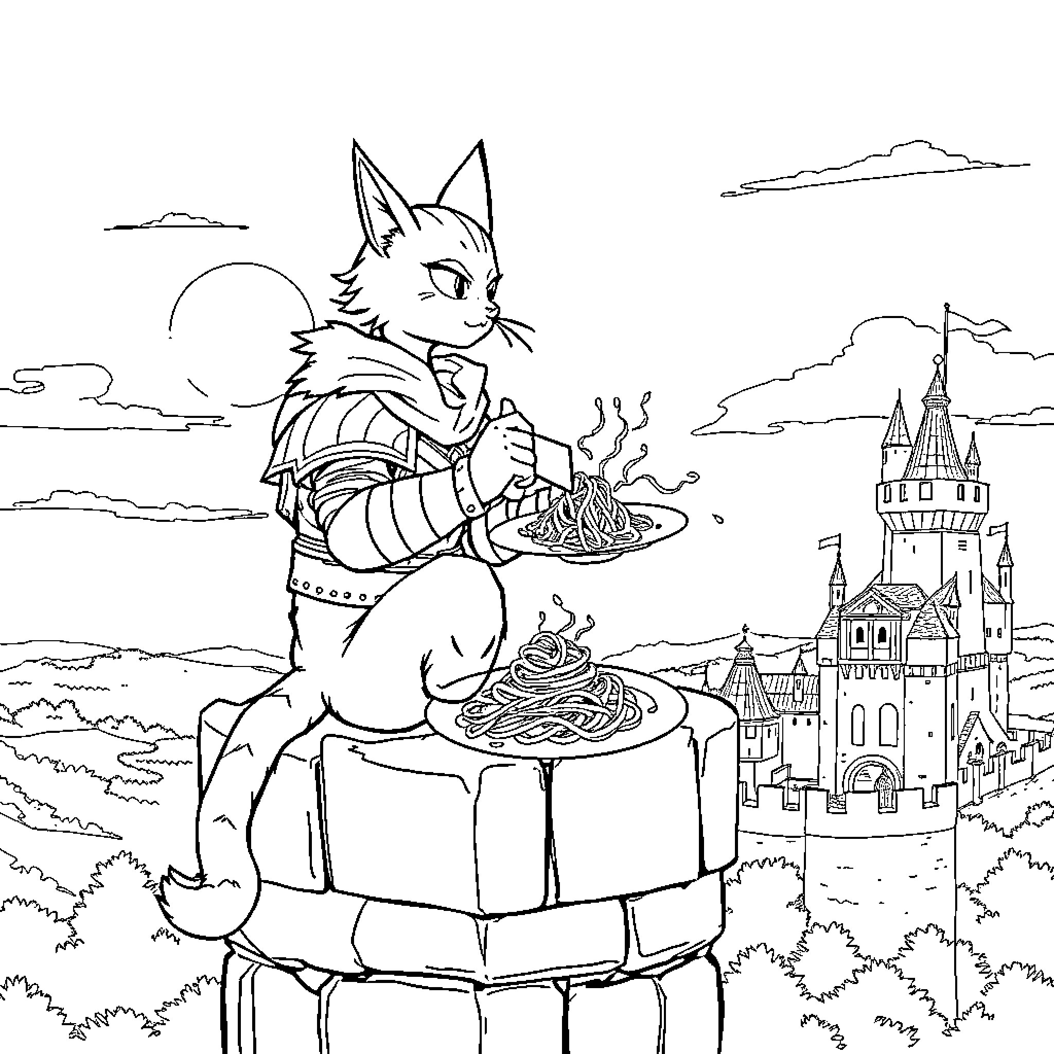 Humanoid Cat Enjoying Delectable Meal in Castle Backdrop Coloring Page (free black-and-white line drawing printable PDF for all, from beginners to advanced learners, including children, teens, adults, and seniors)
