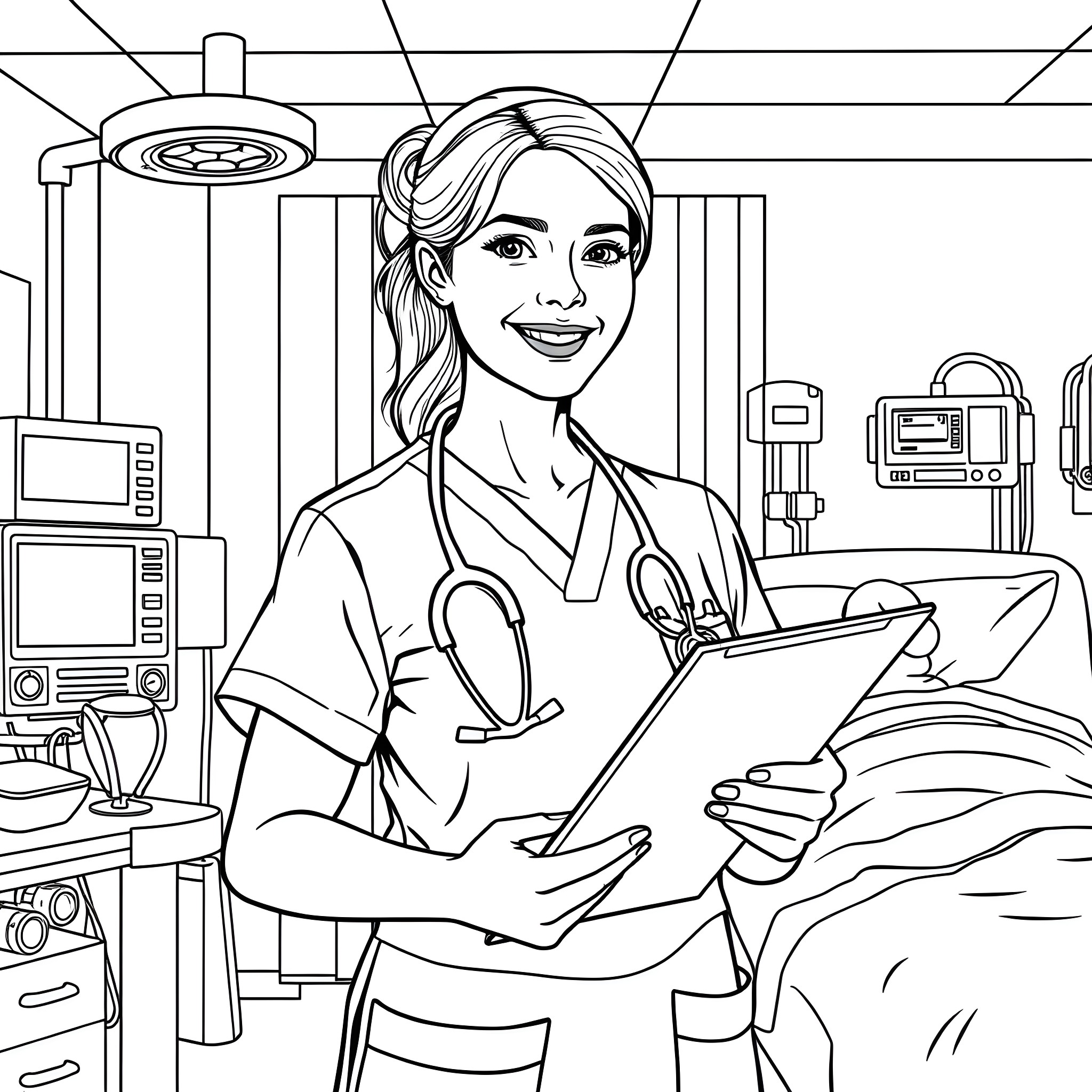 RN Caring for Patient in Medical Setting Coloring Page (free black-and-white line drawing printable PDF for all, from beginners to advanced learners, including children, teens, adults, and seniors)