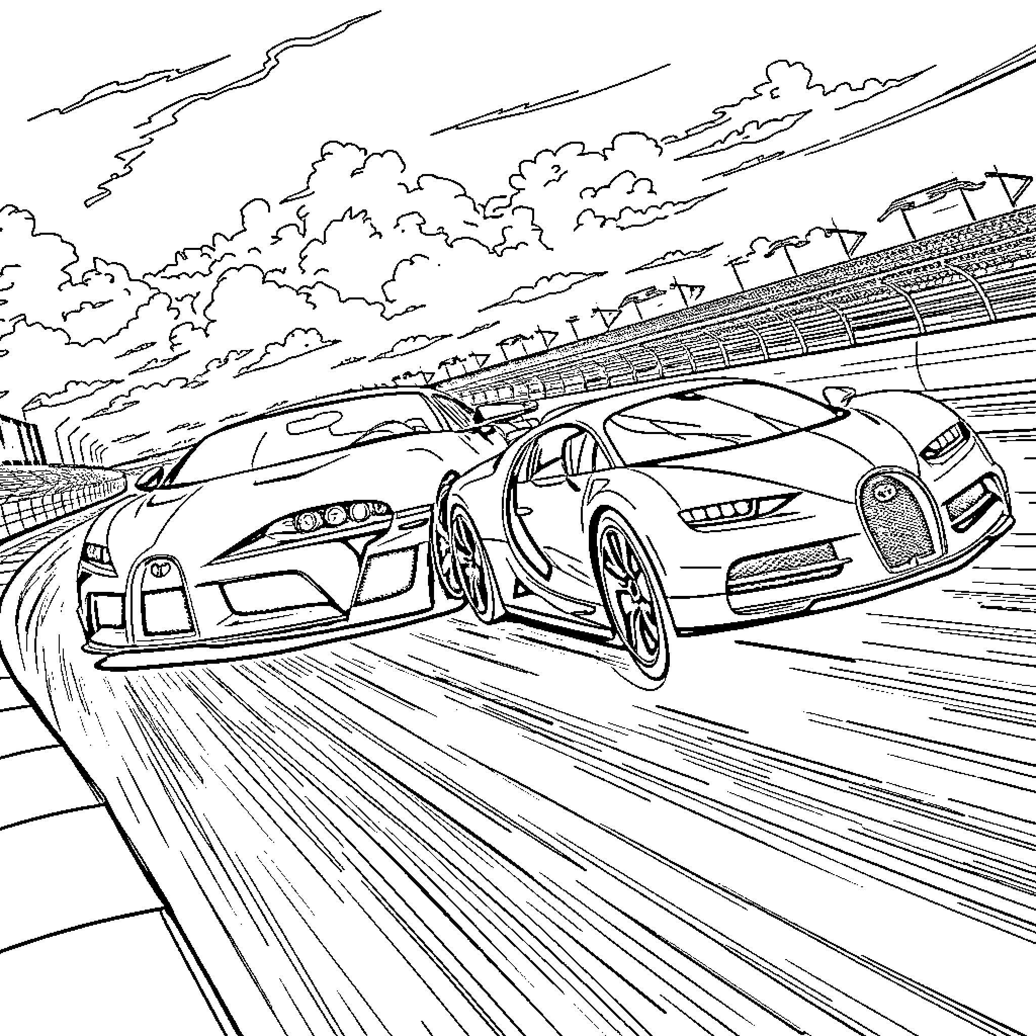 Car racing on the speedway with dramatic clouds Coloring Page (free black-and-white line drawing printable PDF for all, from beginners to advanced learners, including children, teens, adults, and seniors)