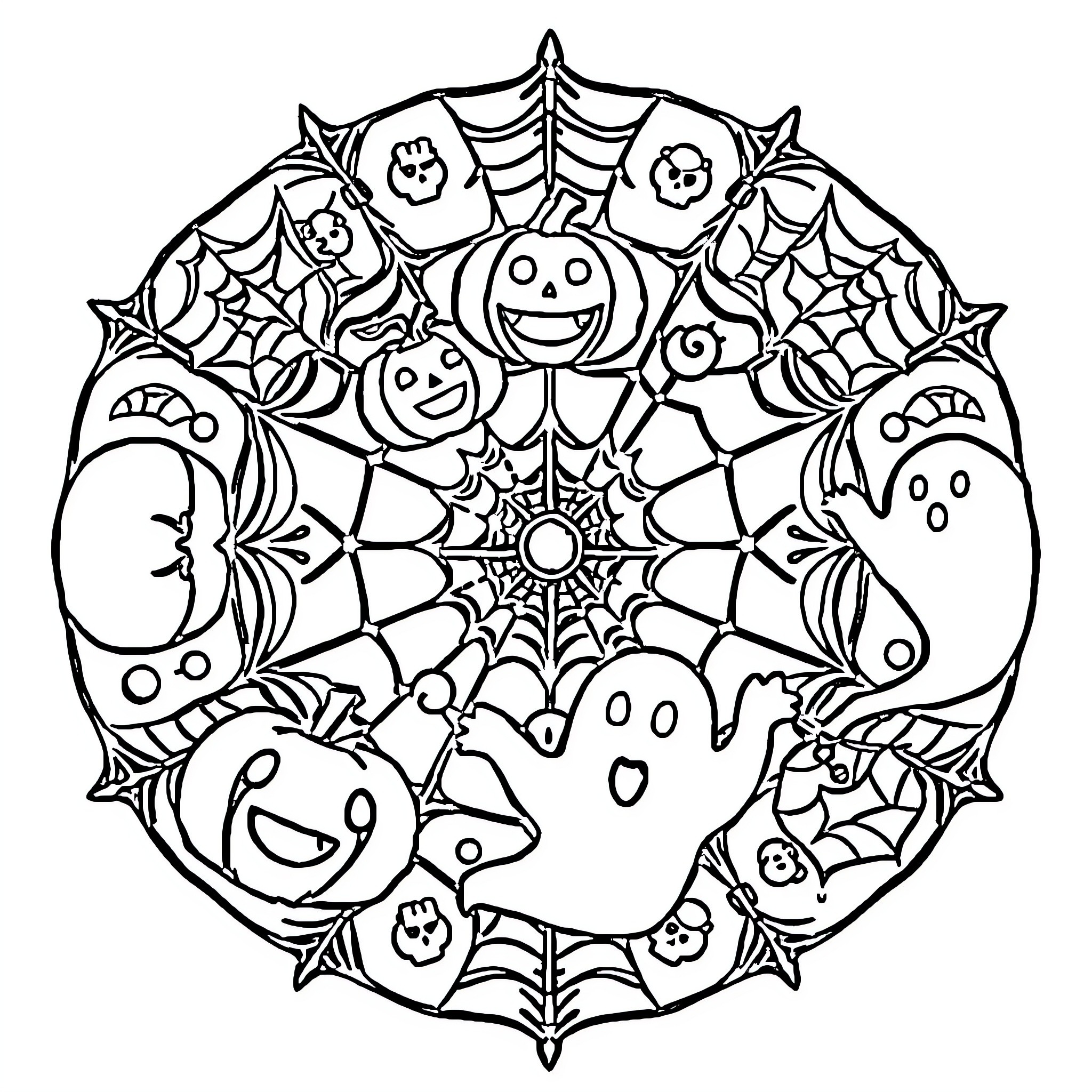 Mandala of Halloween-themed Symbols and Creatures Coloring Page (free black-and-white line drawing printable PDF for all, from beginners to advanced learners, including children, teens, adults, and seniors)