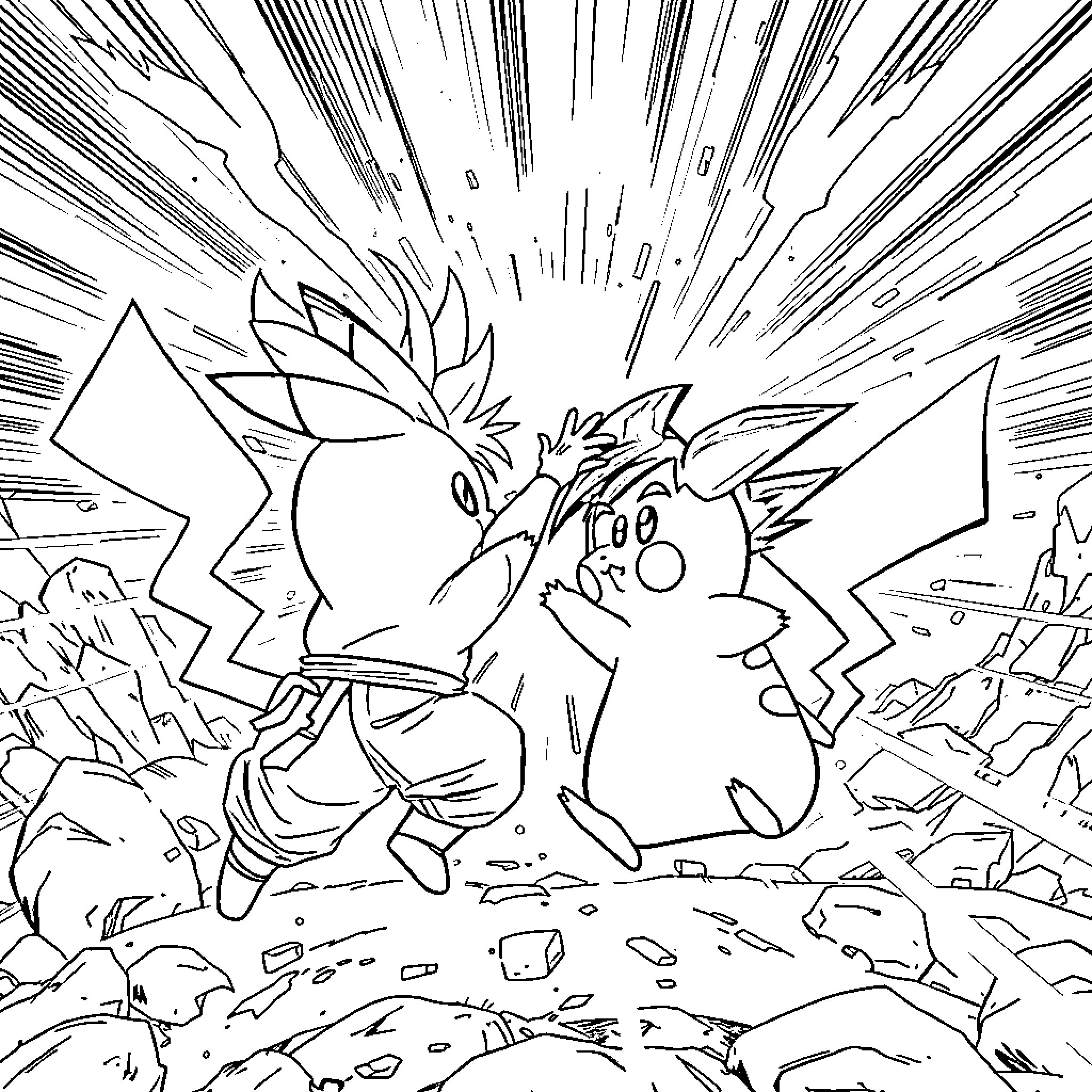 Pikachu Unleashing Powerful Electric Attack Coloring Page (free black-and-white line drawing printable PDF for all, from beginners to advanced learners, including children, teens, adults, and seniors)