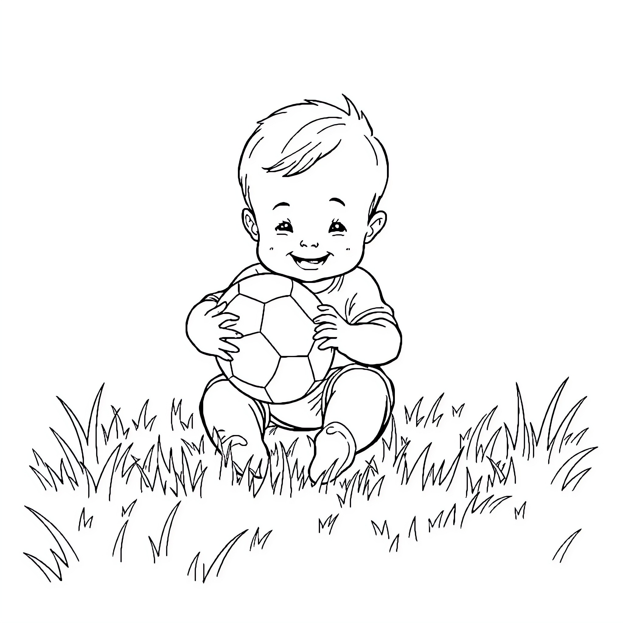 Baby playing happily with soccer ball in the grass Coloring Page (free black-and-white line drawing printable PDF for all, from beginners to advanced learners, including children, teens, adults, and seniors)