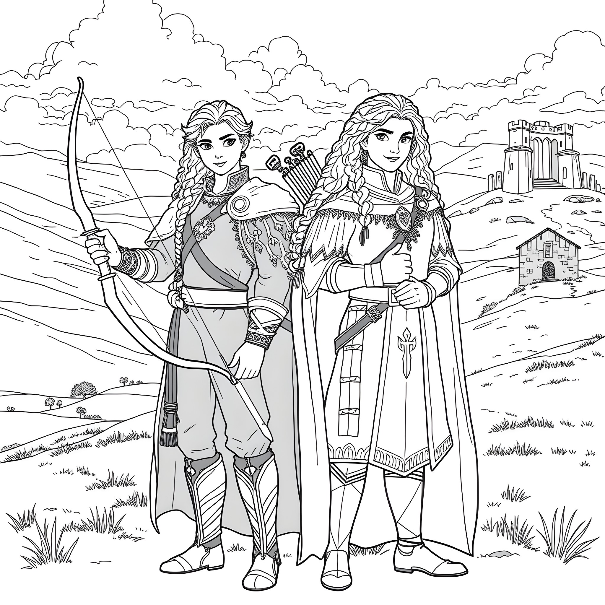 Merida and Valka - Brave Adventurers in a Fantastical Landscape Coloring Page (free black-and-white line drawing printable PDF for all, from beginners to advanced learners, including children, teens, adults, and seniors)