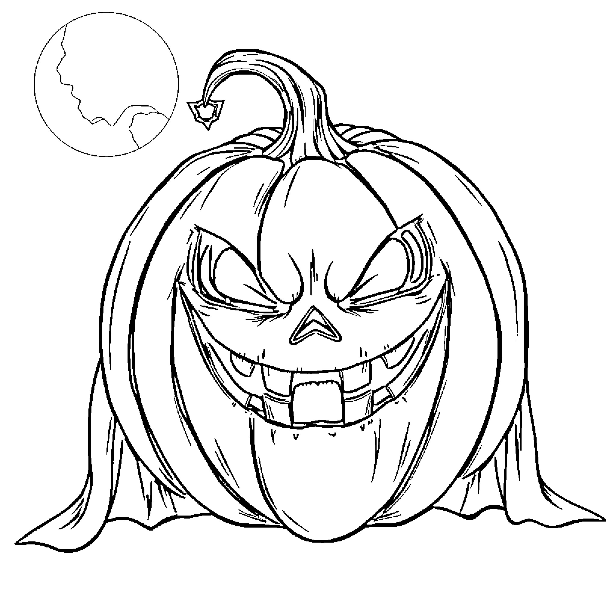 Vampire Pumpkin with Sinister Expression Coloring Page (free black-and-white line drawing printable PDF for all, from beginners to advanced learners, including children, teens, adults, and seniors)