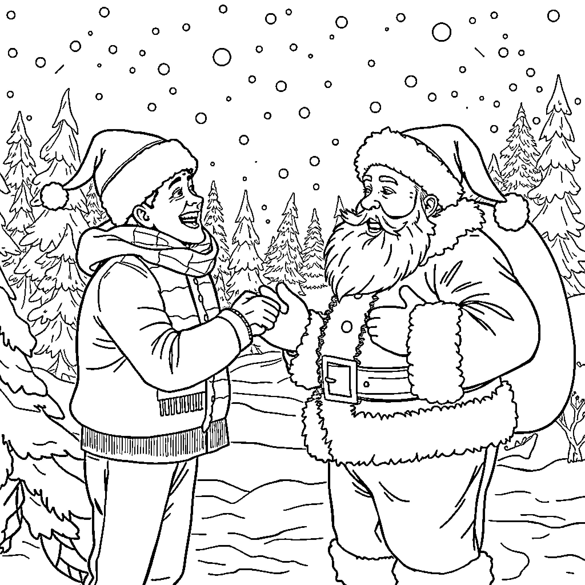 Man meets Santa Claus in snowy forest Coloring Page (free black-and-white line drawing printable PDF for all, from beginners to advanced learners, including children, teens, adults, and seniors)
