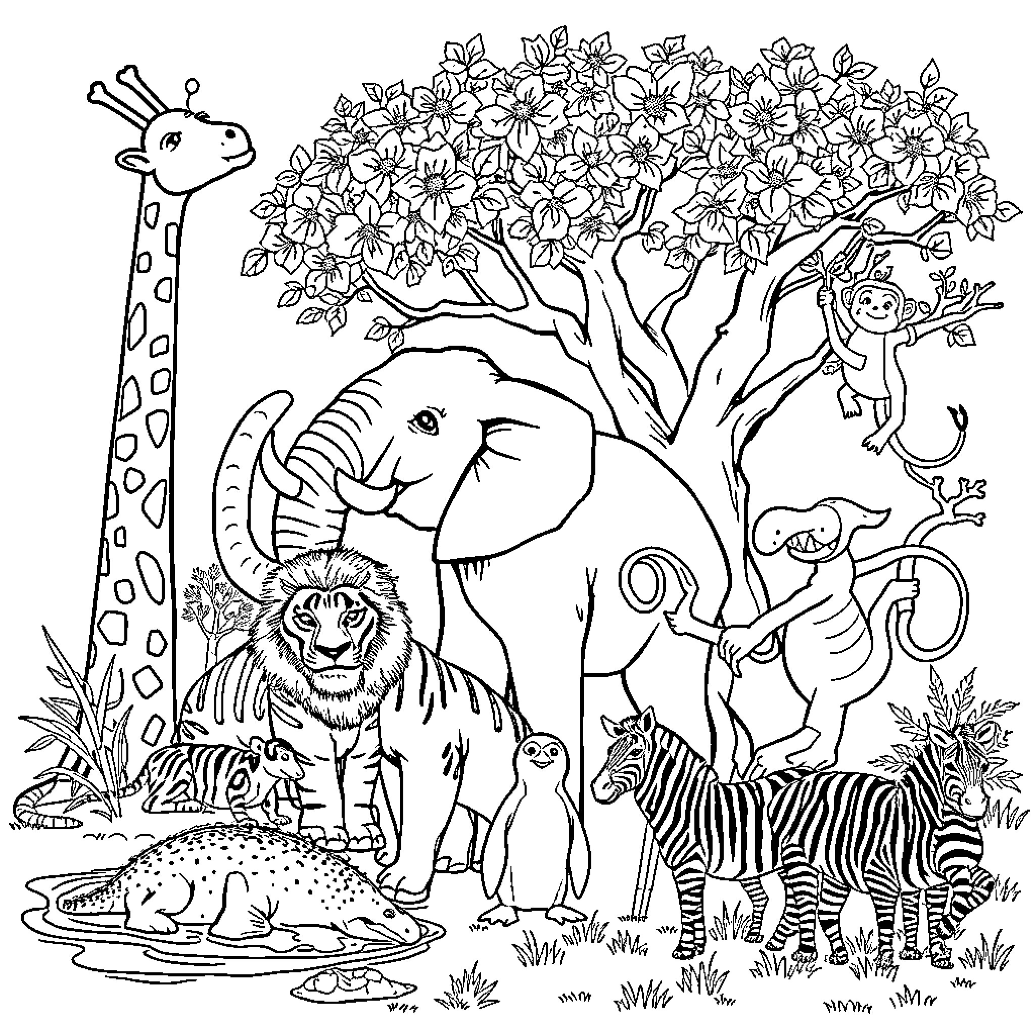 Animal forest scene with diverse wildlife Coloring Page (free black-and-white line drawing printable PDF for all, from beginners to advanced learners, including children, teens, adults, and seniors)