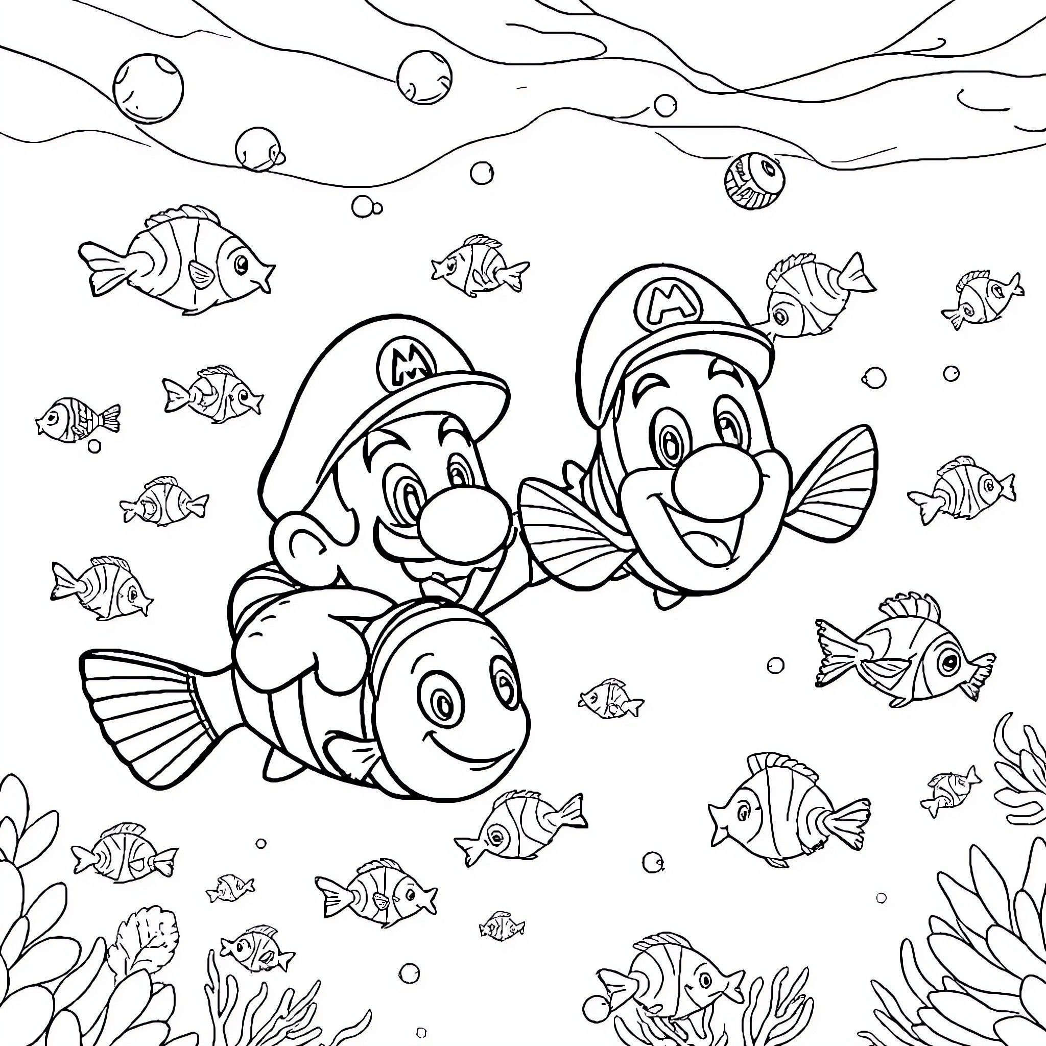 Mario and Luigi explore the underwater world with friendly sea creatures Coloring Page (free black-and-white line drawing printable PDF for all, from beginners to advanced learners, including children, teens, adults, and seniors)