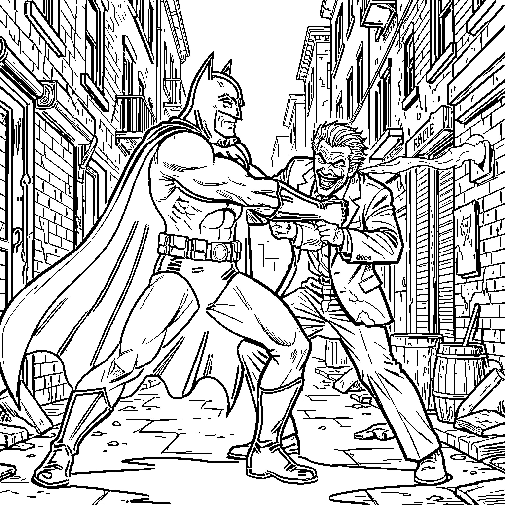 Batman fighting the Joker in a narrow alleyway Coloring Page (free black-and-white line drawing printable PDF for all, from beginners to advanced learners, including children, teens, adults, and seniors)