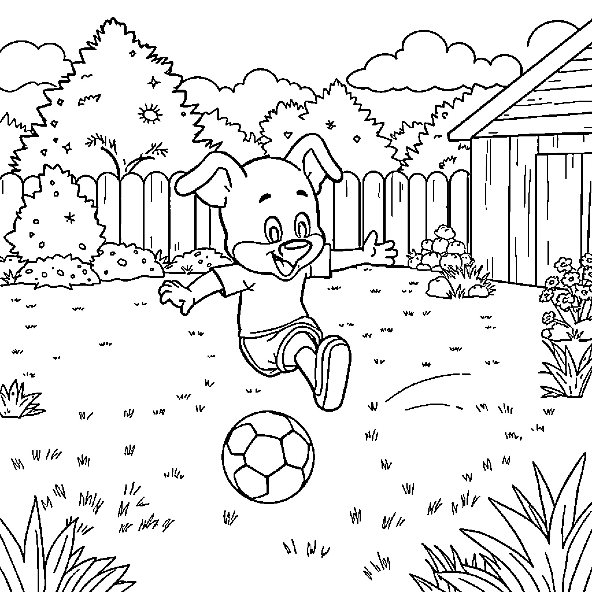 Bluey playing happily with a soccer ball in the backyard Coloring Page (free black-and-white line drawing printable PDF for all, from beginners to advanced learners, including children, teens, adults, and seniors)