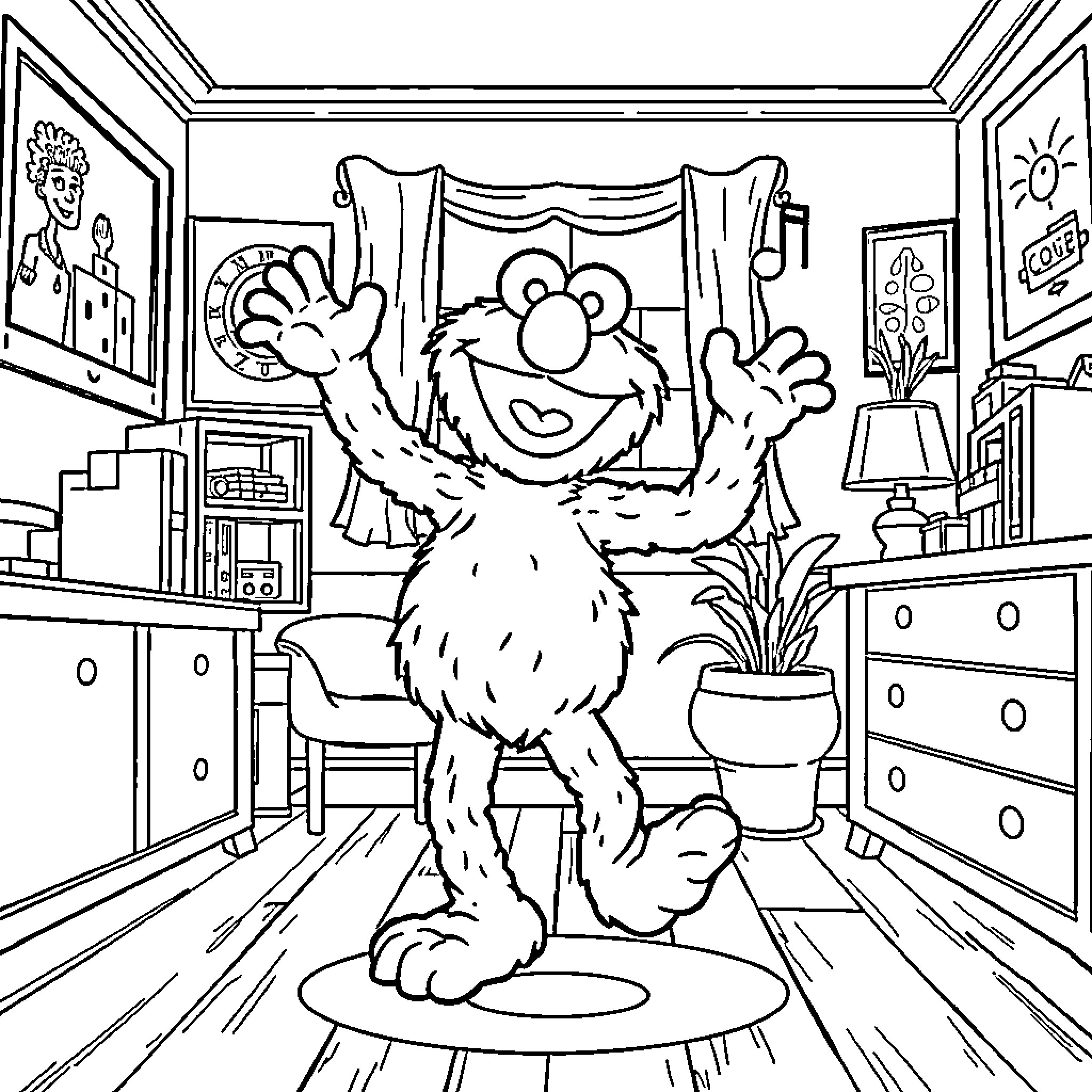 Elmo Excited in Lively Home Setting Coloring Page (free black-and-white line drawing printable PDF for all, from beginners to advanced learners, including children, teens, adults, and seniors)