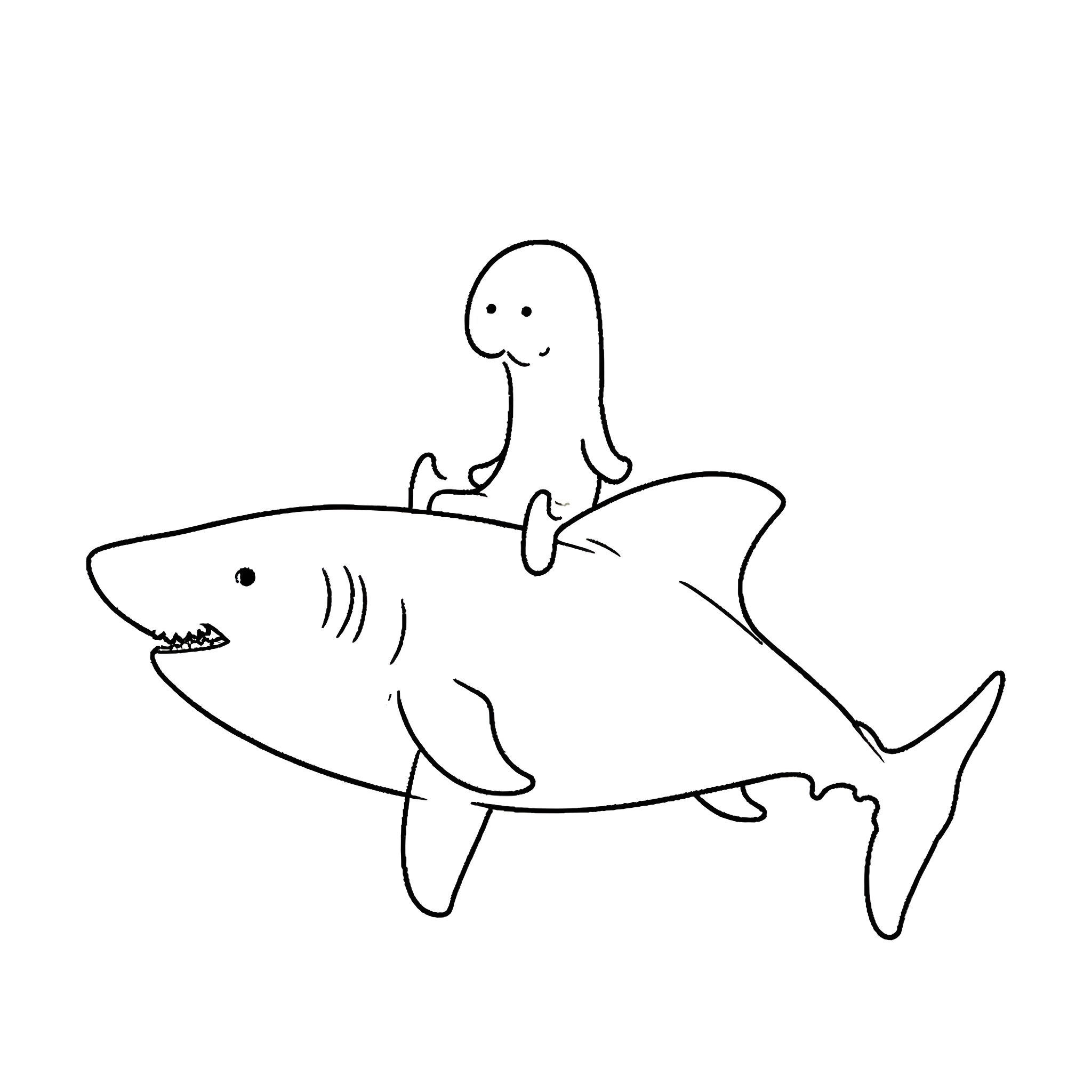 Bernd das Brot riding a shark Coloring Page (free black-and-white line drawing printable PDF for all, from beginners to advanced learners, including children, teens, adults, and seniors)