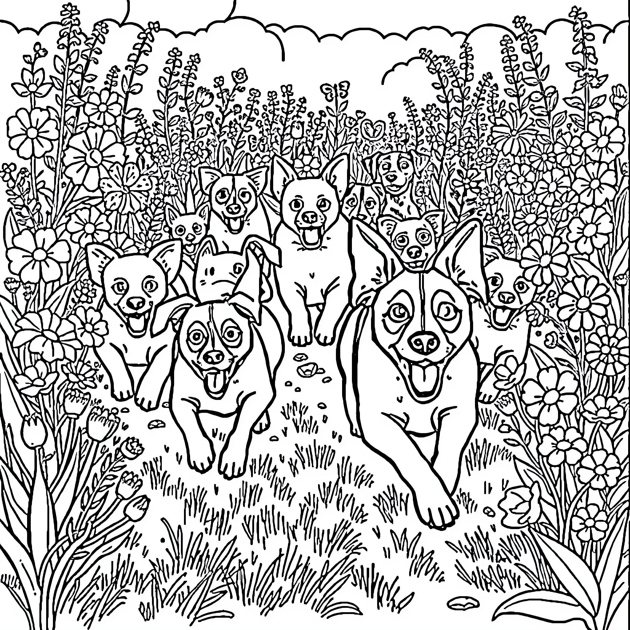 Dogs playing joyfully in a floral field Coloring Page (free black-and-white line drawing printable PDF for all, from beginners to advanced learners, including children, teens, adults, and seniors)